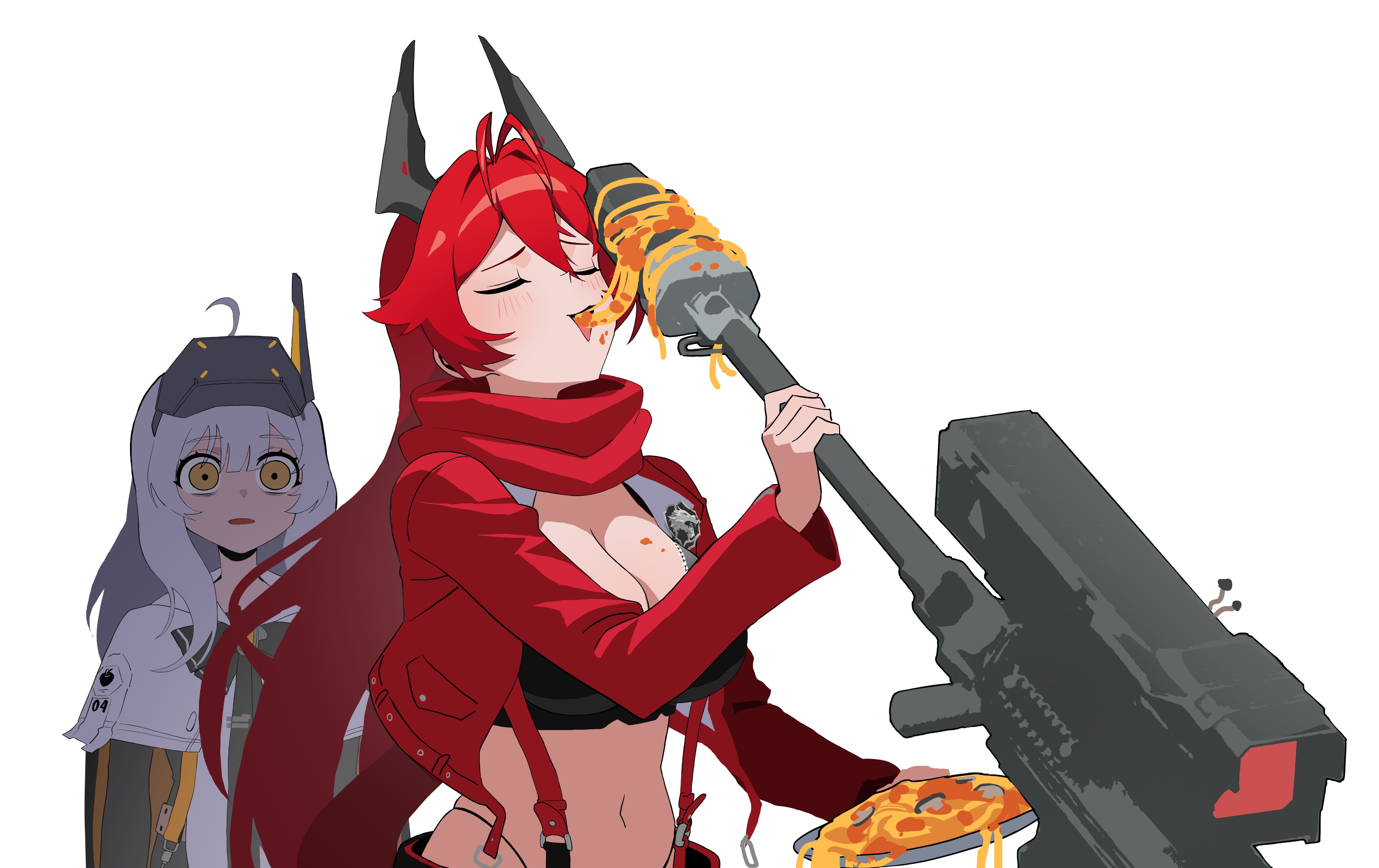 wge, red hood (nikke), snow white (innocent days) (nikke), snow white (nikke), goddess of victory: nikke, absurdres, commentary request, highres, 2girls, ahoge, antenna hair, black horns, closed eyes, eating, food, gun, hair between eyes, head-mounted display, headgear, horns, jacket, long hair, meatball, mechanical horns, midriff, multiple girls, navel, open clothes, open jacket, pasta, red hair, red jacket, red scarf, red suspenders, rifle, scarf, scope, simple background, sniper rifle, spaghetti, spaghetti and meatballs, stomach, suspenders, weapon, white background, white hair, yellow eyes