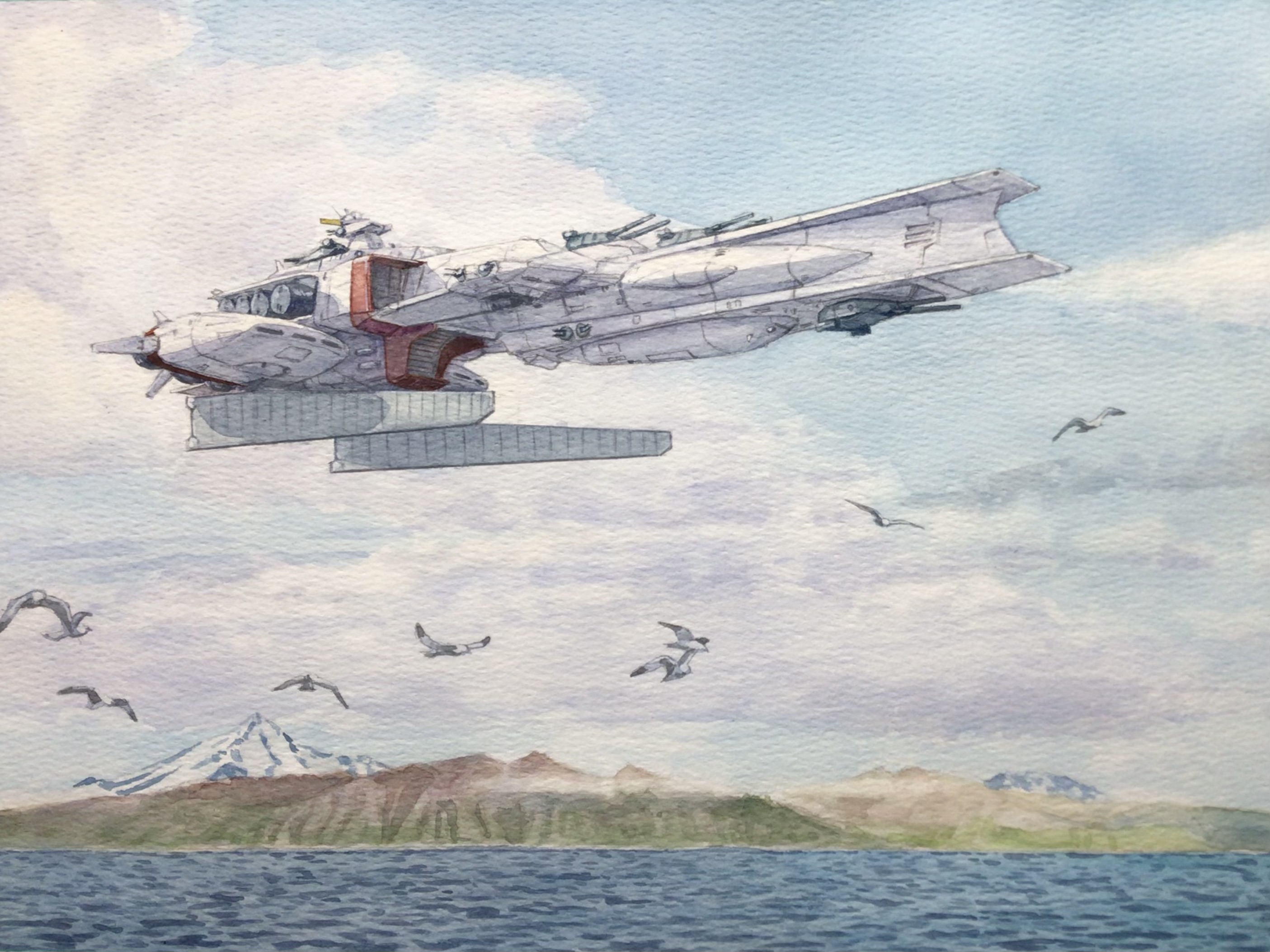 atelier bono, gundam, mobile suit gundam, commentary request, highres, painting (medium), traditional media, watercolor (medium), beam cannon, bird, cloud, cloudy sky, earth federation, earth federation space forces, military vehicle, mountainous horizon, no humans, ocean, scenery, science fiction, seagull, sky, smokestack, spacecraft, vehicle focus
