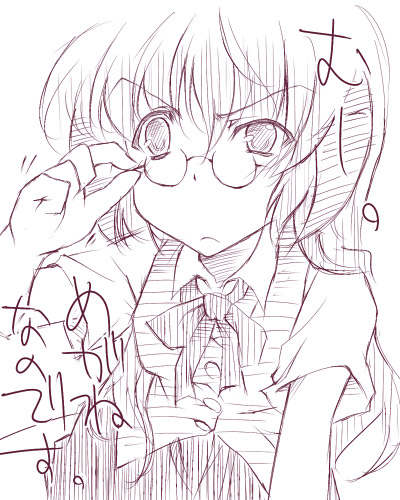 nekokun, hanyuu, higurashi no naku koro ni, lowres, 00s, 1girl, female focus, glasses, monochrome, purple theme, sketch, solo