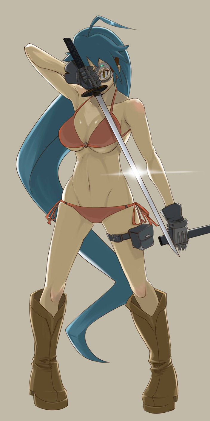 niimori hiroshi, shinkuukan (tetsuo3), swordsealocust, original, bad id, bad pixiv id, highres, 1girl, ahoge, bikini, blue hair, boots, breasts, cowboy boots, female focus, gloves, goggles, katana, knee boots, long hair, lowleg, lowleg bikini, medium breasts, panties, red bikini, sheath, side-tie bikini bottom, side-tie panties, simple background, solo, swimsuit, sword, underboob, underwear, weapon