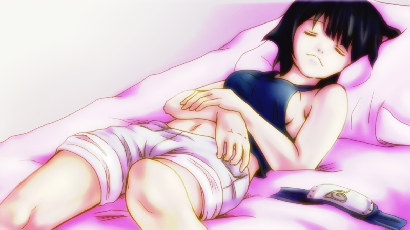 hyuuga hinata, naruto (classic), naruto (series), artist request, 1girl, bed, breasts, female focus, midriff, pillow, sideboob, sleeping, solo