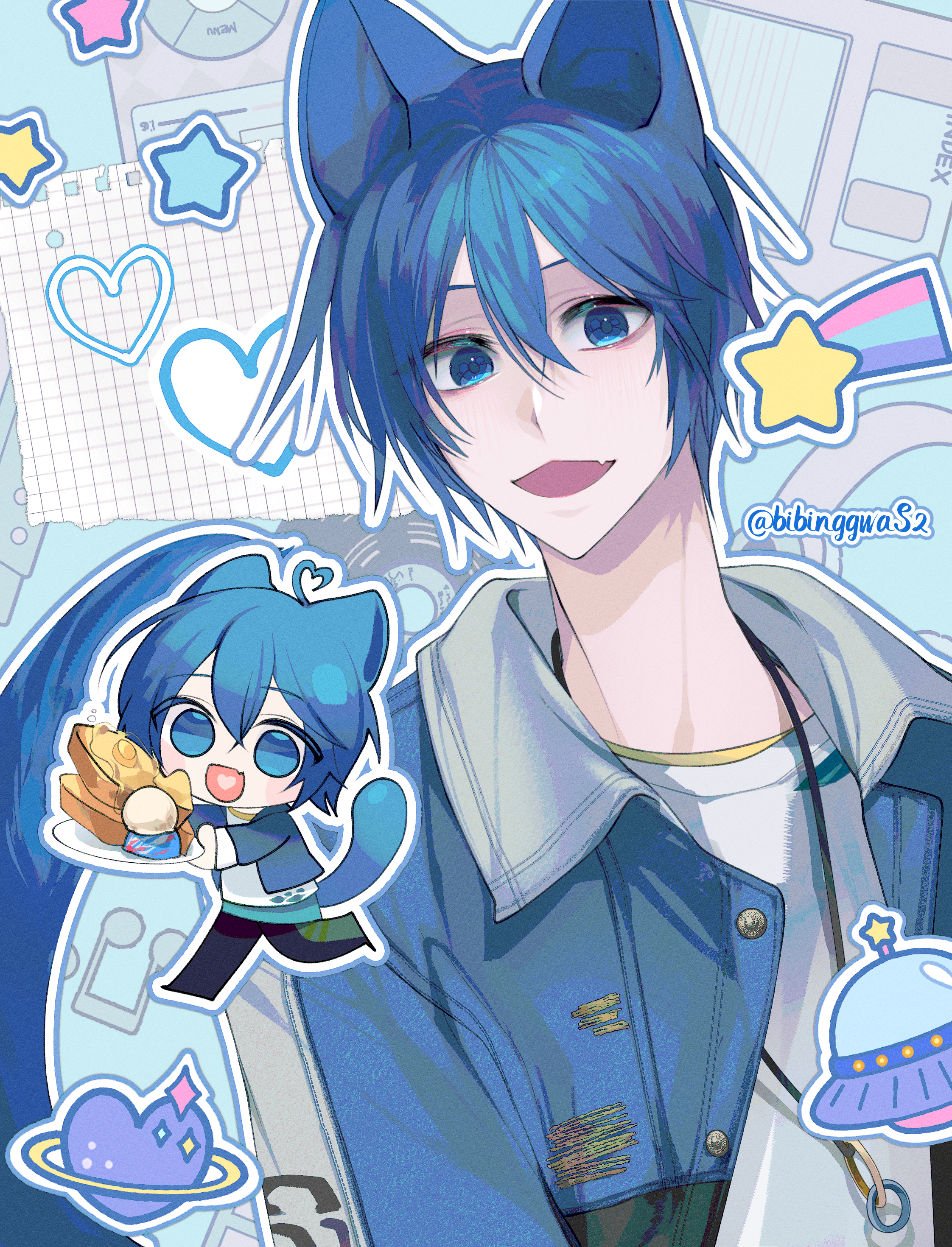 bibinggwas2, kaito (vocaloid), vocaloid, absurdres, highres, 1boy, ahoge, animal ears, blue eyes, blue hair, blue jacket, cat boy, cat ears, cat tail, chibi, chibi inset, collared jacket, denim, denim jacket, fang, french toast, hair between eyes, heart, heart ahoge, heart in mouth, holding, holding plate, jacket, jewelry, kemonomimi mode, looking at viewer, male focus, musical note, necklace, open mouth, plate, ring, ring necklace, shirt, skin fang, smile, solo, star (symbol), t-shirt, tail, twitter username, white shirt
