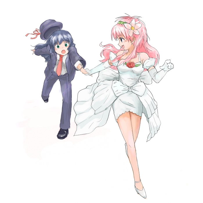 nyama, karasuma chitose, milfeulle sakuraba, broccoli (company), galaxy angel, bad id, bad pixiv id, 00s, 2girls, blue hair, blush, dress, elbow gloves, flower, formal clothes, gloves, hair flower, hair ornament, hat, holding hands, long hair, looking back, multiple girls, necktie, pink hair, running, simple background, smile, white background