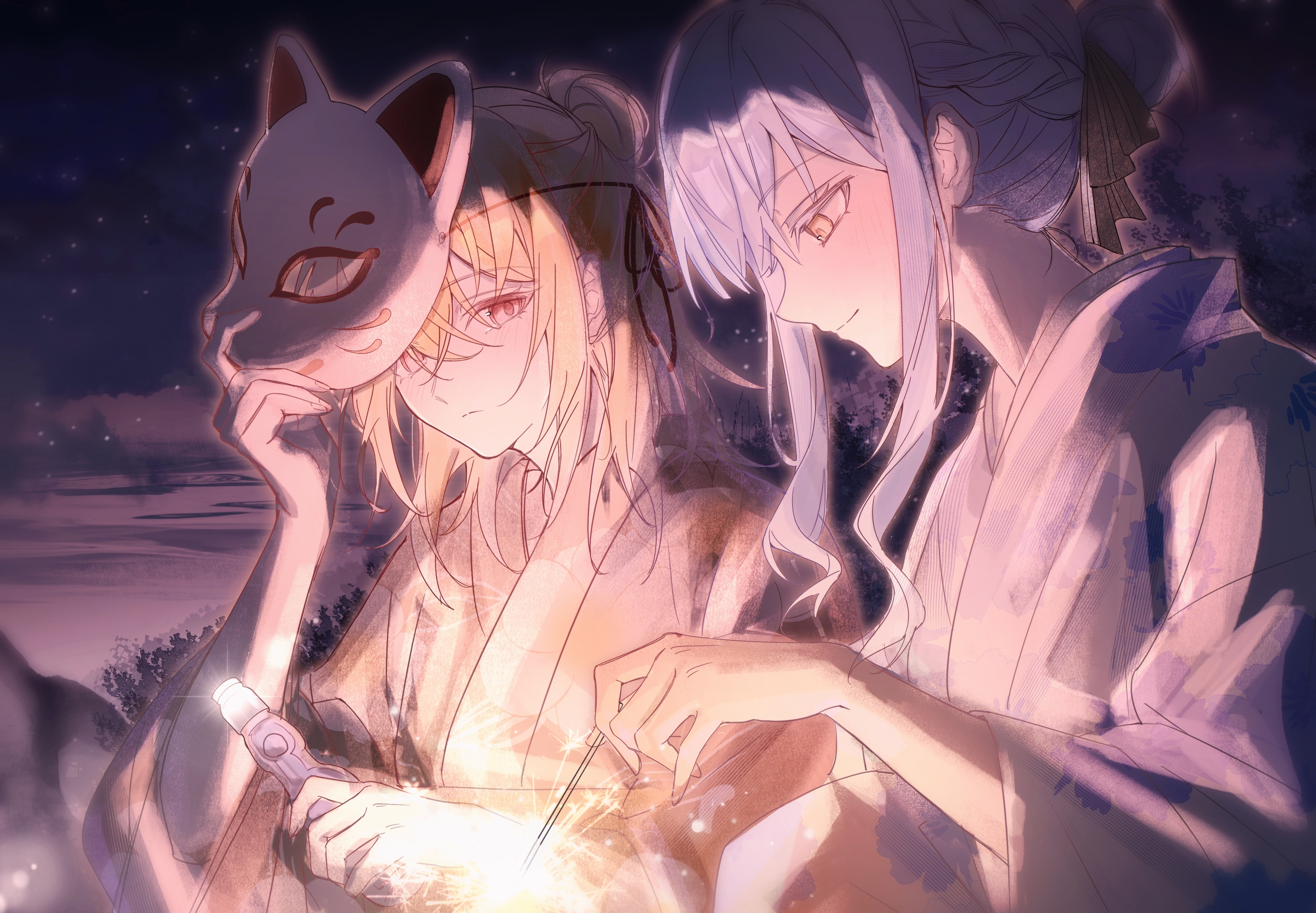 haiyuan182, misumi uika, togawa sakiko, bang dream!, bang dream! it's mygo!!!!!, absurdres, chinese commentary, commentary request, highres, 2girls, blonde hair, blue hair, blue kimono, bottle, braid, fireworks, hair bun, holding, holding bottle, holding fireworks, holding mask, japanese clothes, kimono, mask, multiple girls, orange kimono, purple eyes, ramune, sidelocks, single hair bun, sparkler, yellow eyes, yukata