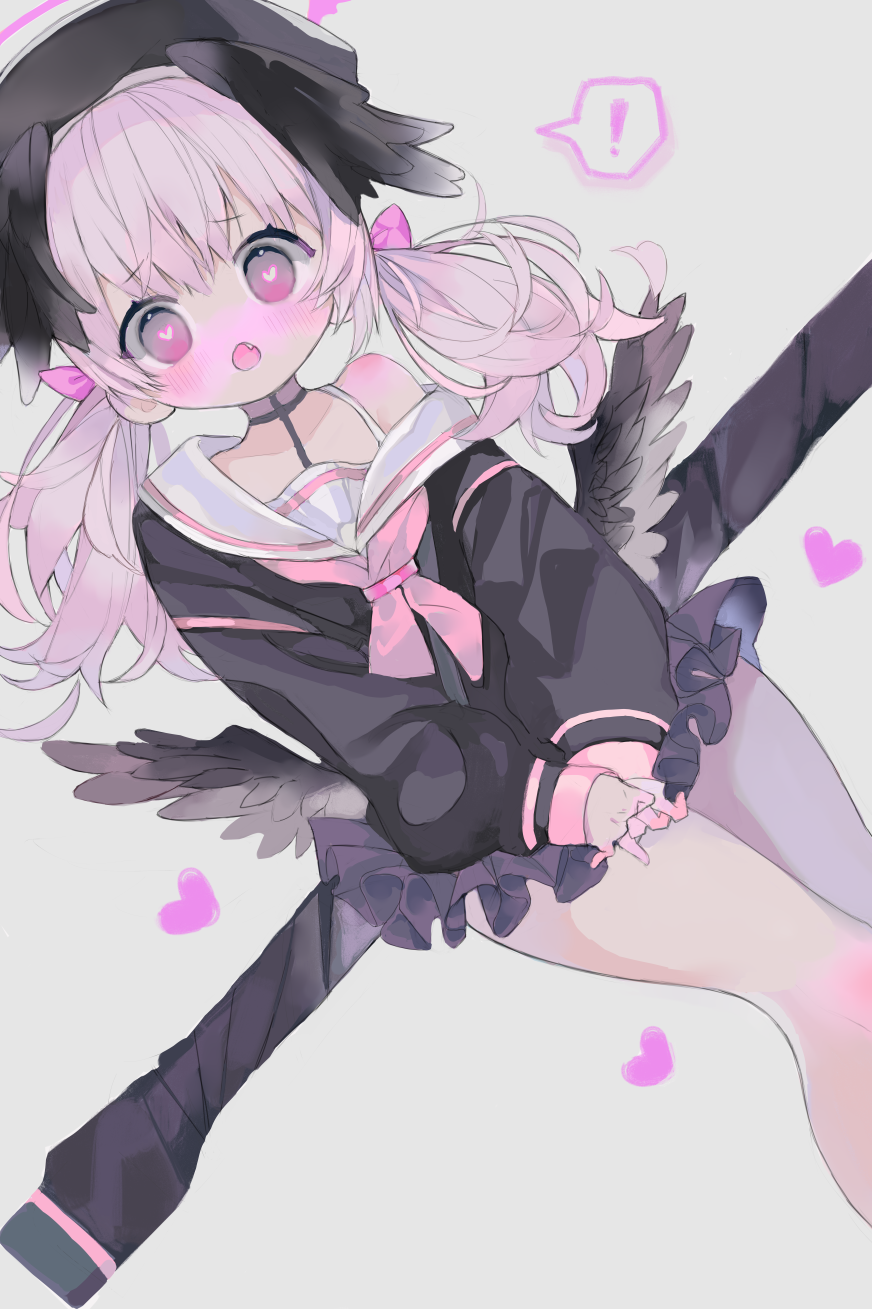 koharu (blue archive), blue archive, highres, !, 1girl, beret, black hat, black wings, blush, bolt action, bow, fang, feathered wings, gun, hair bow, halo, hat, head wings, heart, heart-shaped pupils, long hair, long sleeves, looking at viewer, low wings, marant38, neckerchief, open mouth, p14 enfield, pink eyes, pink hair, pink halo, pink neckerchief, red halo, rifle, sailor collar, simple background, skirt, solo, speech bubble, spoken exclamation mark, symbol-shaped pupils, twintails, weapon, white background, white sailor collar, winged halo, wings