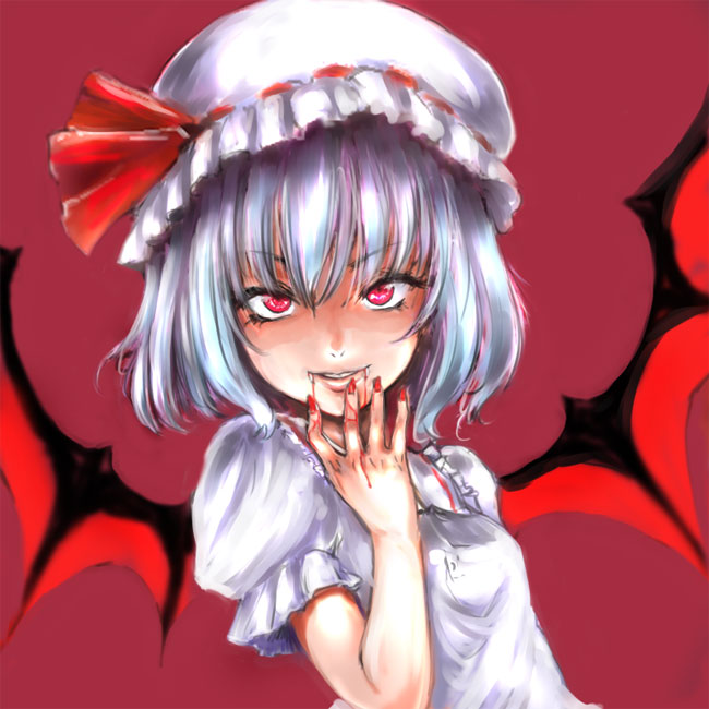 osakana (denpa yun'yun), remilia scarlet, touhou, 1girl, blood, blue hair, fangs, female focus, hat, nail polish, red background, red eyes, red nails, short hair, smile, solo, white hat, wings