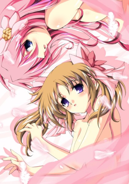 ka2, apricot sakuraba, milfeulle sakuraba, broccoli (company), galaxy angel, galaxy angel rune, 00s, 2girls, blue eyes, blush, brown hair, convenient censoring, feathers, looking at viewer, multiple girls, nude, pink hair, purple eyes, siblings, sisters