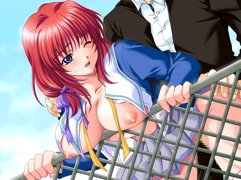 ass grab, game cg, 1boy, 1girl, ass, blue eyes, breasts, censored, doggystyle, hetero, large breasts, nipples, open clothes, open mouth, open shirt, penis, pussy juice, red hair, school uniform, serafuku, sex, sex from behind, shirt, skirt, sky, thighhighs, white thighhighs