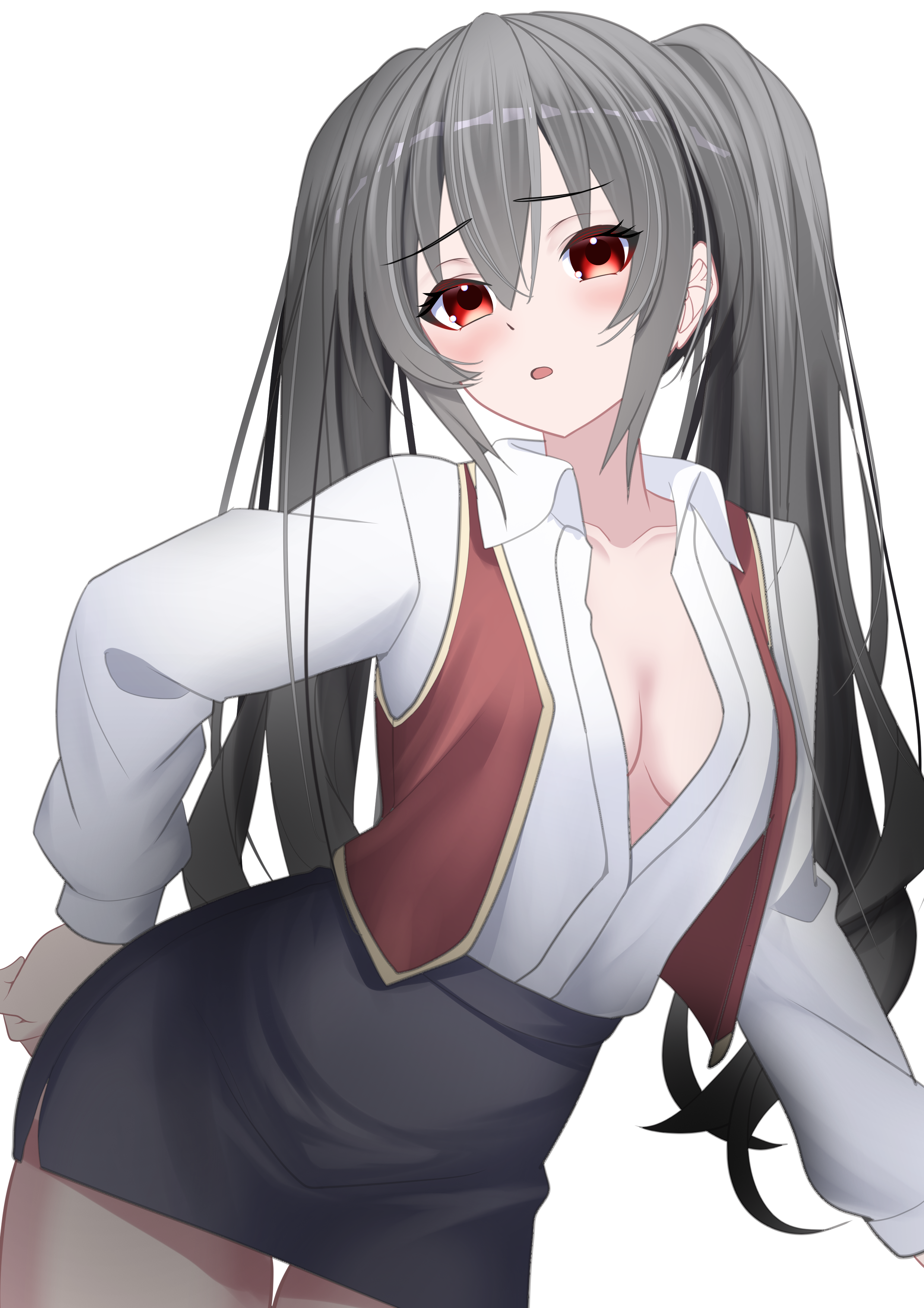 xueli shimazaki, noire (neptunia), choujigen game neptune, neptune (series), absurdres, commentary, english commentary, highres, 1girl, black skirt, breasts, brown pantyhose, dress shirt, grey hair, hair between eyes, long hair, medium breasts, office lady, pantyhose, partially unbuttoned, red hair, red vest, shirt, skirt, twintails, vest, white shirt