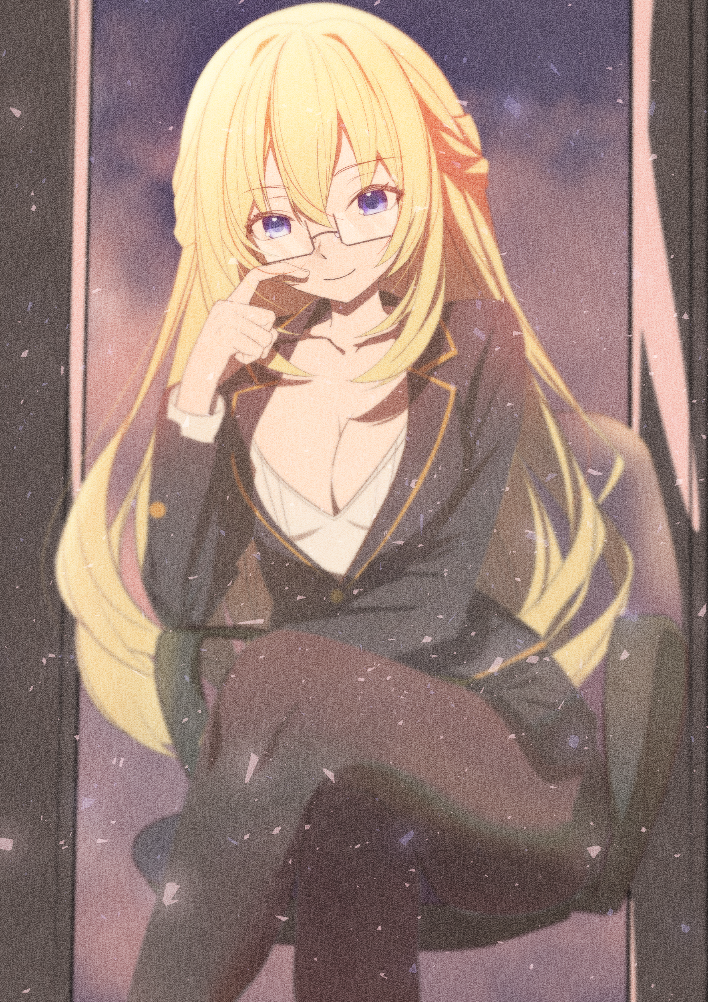 xueli shimazaki, vert (neptunia), choujigen game neptune, neptune (series), absurdres, commentary, english commentary, highres, 1girl, black jacket, black pantyhose, blonde hair, blue eyes, breasts, cleavage, crossed legs, glasses, hair between eyes, jacket, large breasts, long hair, long sleeves, looking at viewer, office lady, pantyhose, semi-rimless eyewear, solo, under-rim eyewear