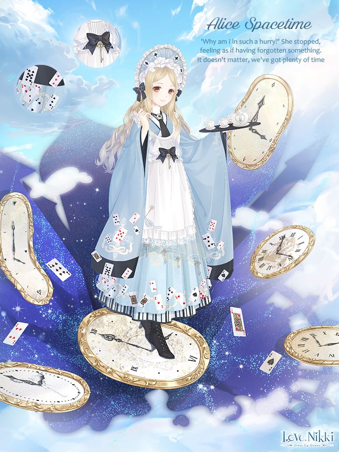 alice (alice in wonderland), alice's adventures in wonderland, miracle nikki, nikki (series), artist request, official art, 1girl, ace (playing card), ace of spades, alice's time gate (miracle nikki), alice (alice in wonderland) (cosplay), apron, black boots, black bow, blonde hair, blue bonnet, blue dress, blue sky, bonnet, boots, bow, brown eyes, card, character name, clock, close-up, closed mouth, cloud, collared shirt, copyright name, cosplay, cup, day, dot nose, dress, english text, floating card, frilled apron, frilled headwear, frills, full body, hair bow, happy, high collar, high heel boots, high heels, holding, holding tray, king (playing card), king of hearts (playing card), light blush, light particles, logo, lolita fashion, long dress, long hair, long sleeves, looking at viewer, outdoors, playing card, playing card print, pleated dress, saucer, shirt, shirt under dress, sidelocks, sky, smile, solo, spade (shape), standing, teacup, teapot, tray, very long hair, wavy hair, white apron, white shirt, wide sleeves