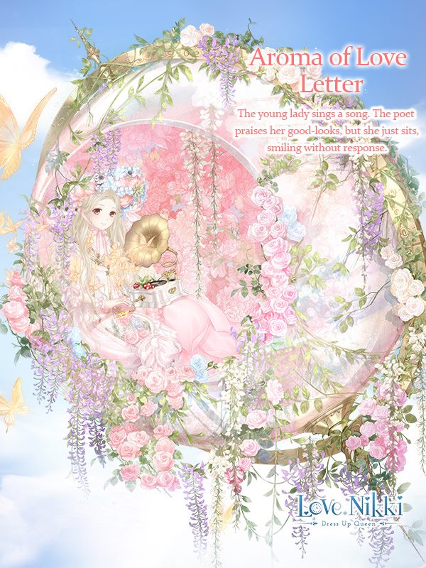miracle nikki, nikki (series), artist request, official art, 1girl, aroma of love letter (miracle nikki), blonde hair, blue flower, blue rose, blue sky, bow, bowtie, brown eyes, bug, butterfly, character name, closed mouth, cloud, collared dress, copyright name, day, dot nose, dress, english text, flower, frilled dress, frills, full body, high collar, insect, light blush, logo, long dress, long hair, long sleeves, looking at viewer, orb, outdoors, phonograph, pink bow, pink bowtie, pink flower, pink rose, purple dress, purple flower, rose, sitting, sky, smile, solo, white flower, white rose, wisteria, yellow butterfly