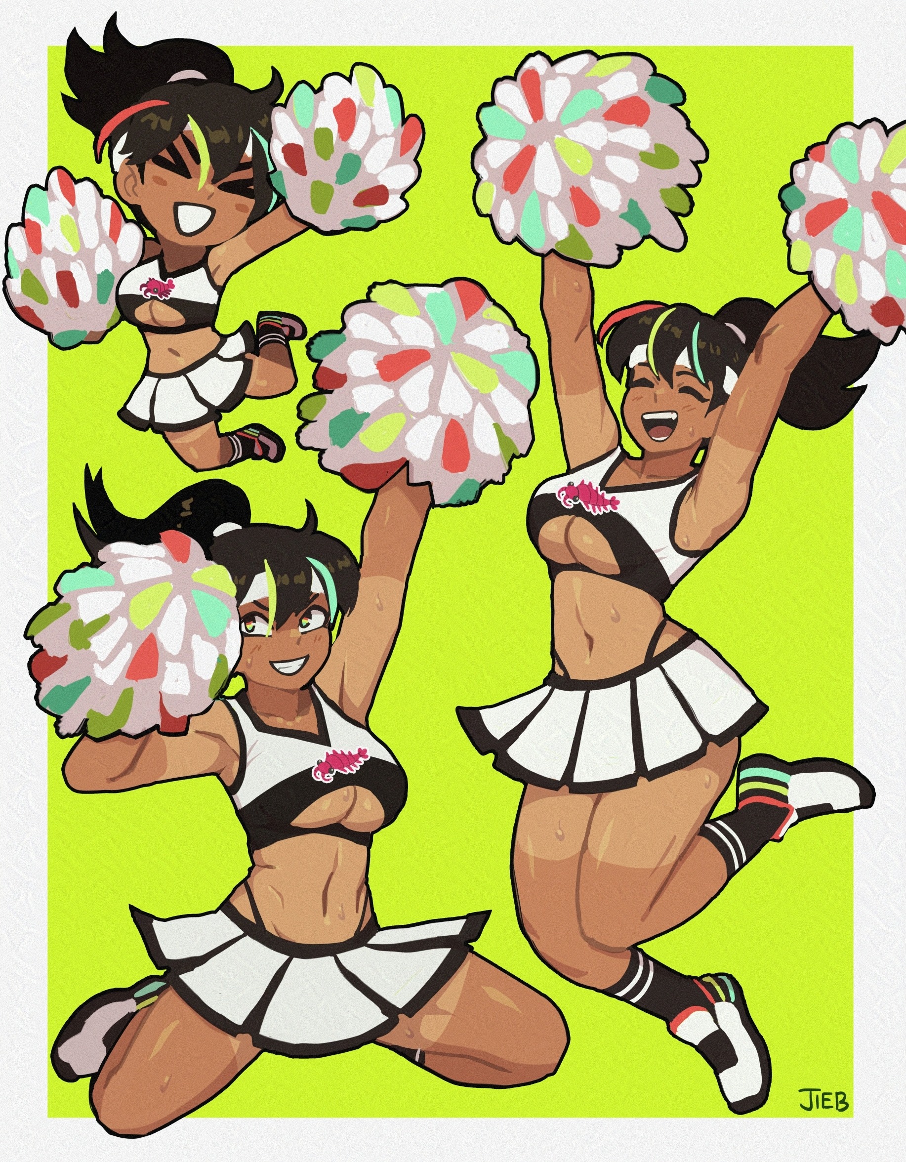 the jieb, yeet-chan (the jieb), original, highres, > <, 1girl, anomalocaris, aqua hair, arm up, arms up, artist name, black hair, black socks, border, breasts, cheerleader, chibi, chibi inset, closed eyes, clothing cutout, dark-skinned female, dark skin, eyelashes, green background, green hair, holding, holding pom poms, midriff, multicolored hair, multiple views, navel, open mouth, pom pom (cheerleading), pom poms, ponytail, red hair, shiny skin, shoes, simple background, skirt, sleeveless, smile, socks, streaked hair, sweat, tan, tanline, teeth, underboob, underboob cutout, v-shaped eyebrows, white border, white shoes, white skirt