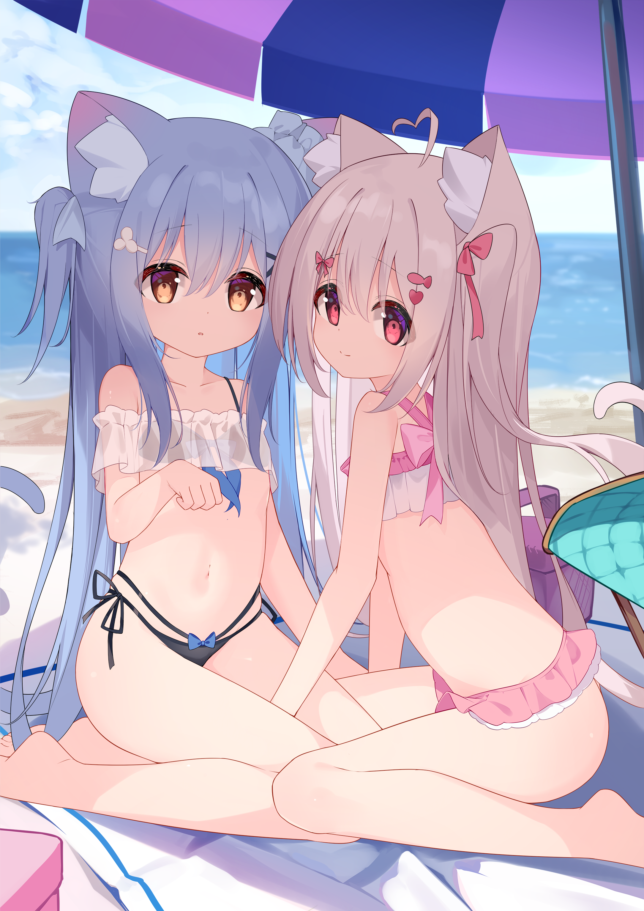 a1352170118, original, absurdres, chinese commentary, highres, 2girls, ahoge, animal ear fluff, animal ears, barefoot, beach, beach umbrella, bikini, black bikini, blue hair, bow, bow bikini, brown eyes, cat ears, cat girl, cat tail, closed mouth, collarbone, day, fish hair ornament, flat chest, grey hair, hair ornament, heart, heart ahoge, heart hair ornament, long hair, looking at viewer, multi-strapped bikini bottom, multiple girls, navel, open mouth, outdoors, pink bikini, red eyes, side-tie bikini bottom, sitting, swimsuit, tail, two side up, umbrella, very long hair, wariza