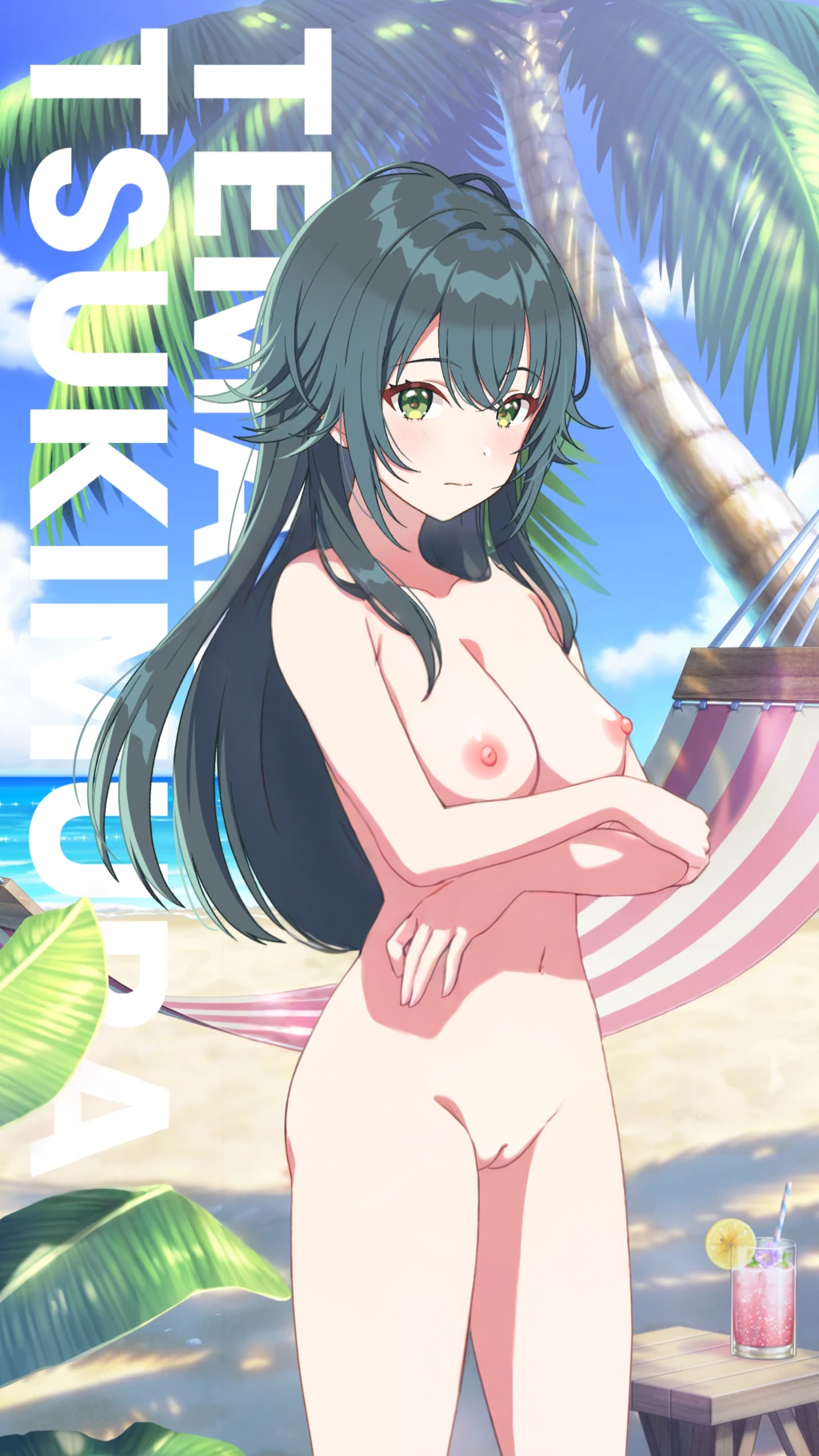 tsukimura temari, gakuen idolmaster, idolmaster, highres, nude filter, third-party edit, 1girl, beach, breasts, cleavage, cleft of venus, cloud, cup, drinking glass, drinking straw, english text, green eyes, green hair, hammock, medium breasts, nipples, nude, palm tree, pussy, solo, tree, water