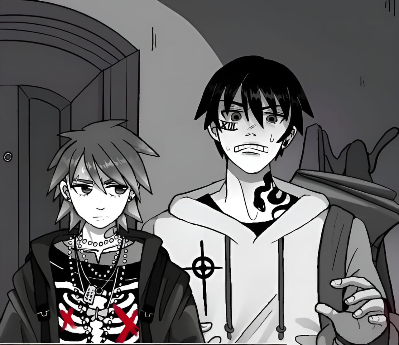 artist request, official art, 1boy, 1girl, black eyes, black hair, blush, female focus, grey background, hugo (mycopsychosys), jacket, looking at viewer, male focus, mycopsychosys, noah (mycopsychosys), short hair, teeth