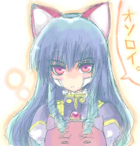 yanagi takashi, normad, vanilla h, broccoli (company), galaxy angel, bad id, bad pixiv id, lowres, 00s, 1girl, animal ears, cat ears, female focus, green hair, red theme, solo