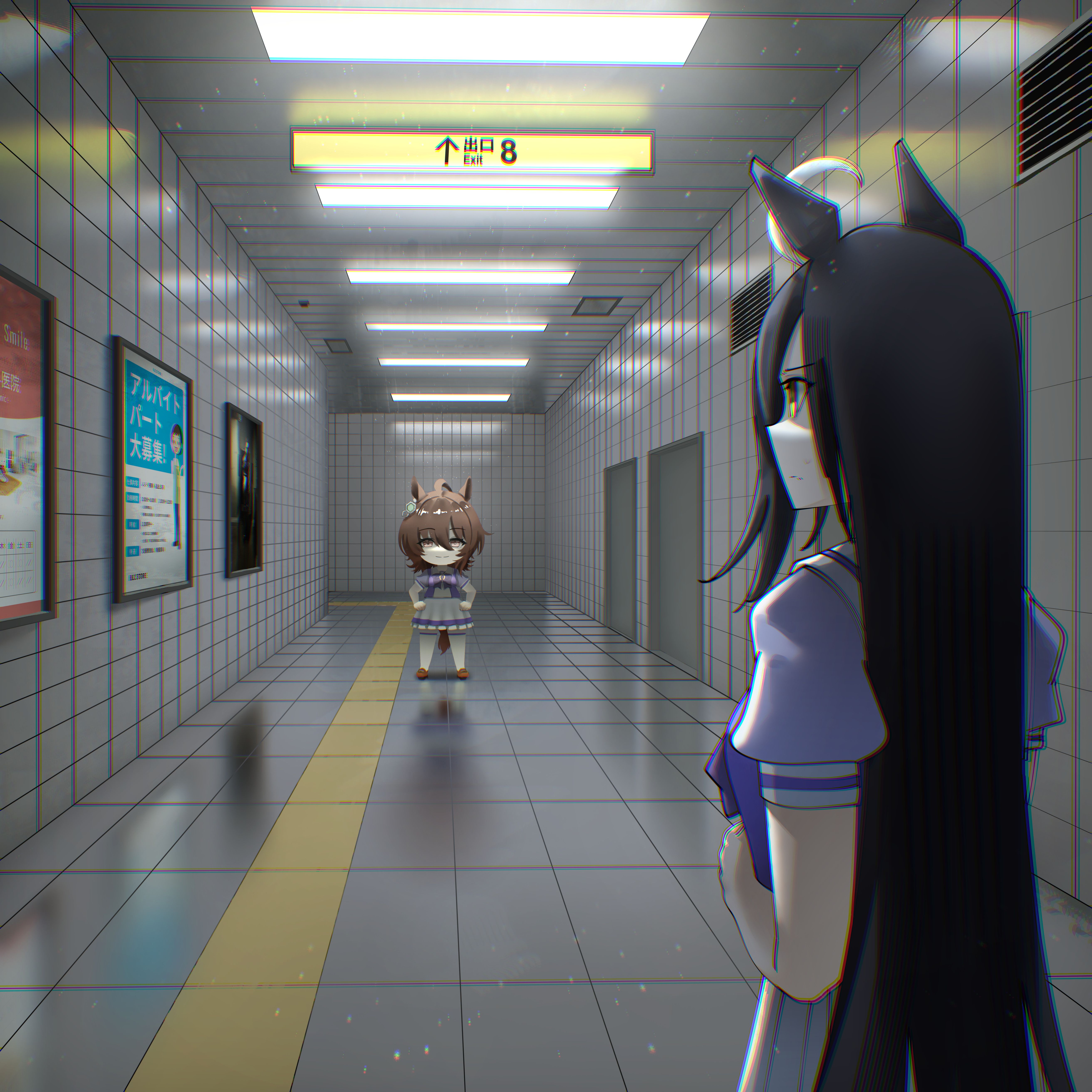 ashenmash, agnes tachyon (umamusume), gold ship (umamusume), manhattan cafe (umamusume), the exit 8, umamusume, umayuru, absurdres, highres, 2girls, animal ears, black hair, ceiling, ceiling light, chemical structure, chibi, closed mouth, deformed, earrings, exit sign, eye contact, fluorescent lamp, hallway, horse ears, horse girl, horse tail, jewelry, long hair, looking at another, multiple girls, parody, poster (object), purple serafuku, purple shirt, school uniform, serafuku, shirt, sign, single earring, smile, subway station, summer uniform, tactile paving, tail, tile ceiling, tile floor, tile wall, tiles, tracen school uniform, yellow eyes