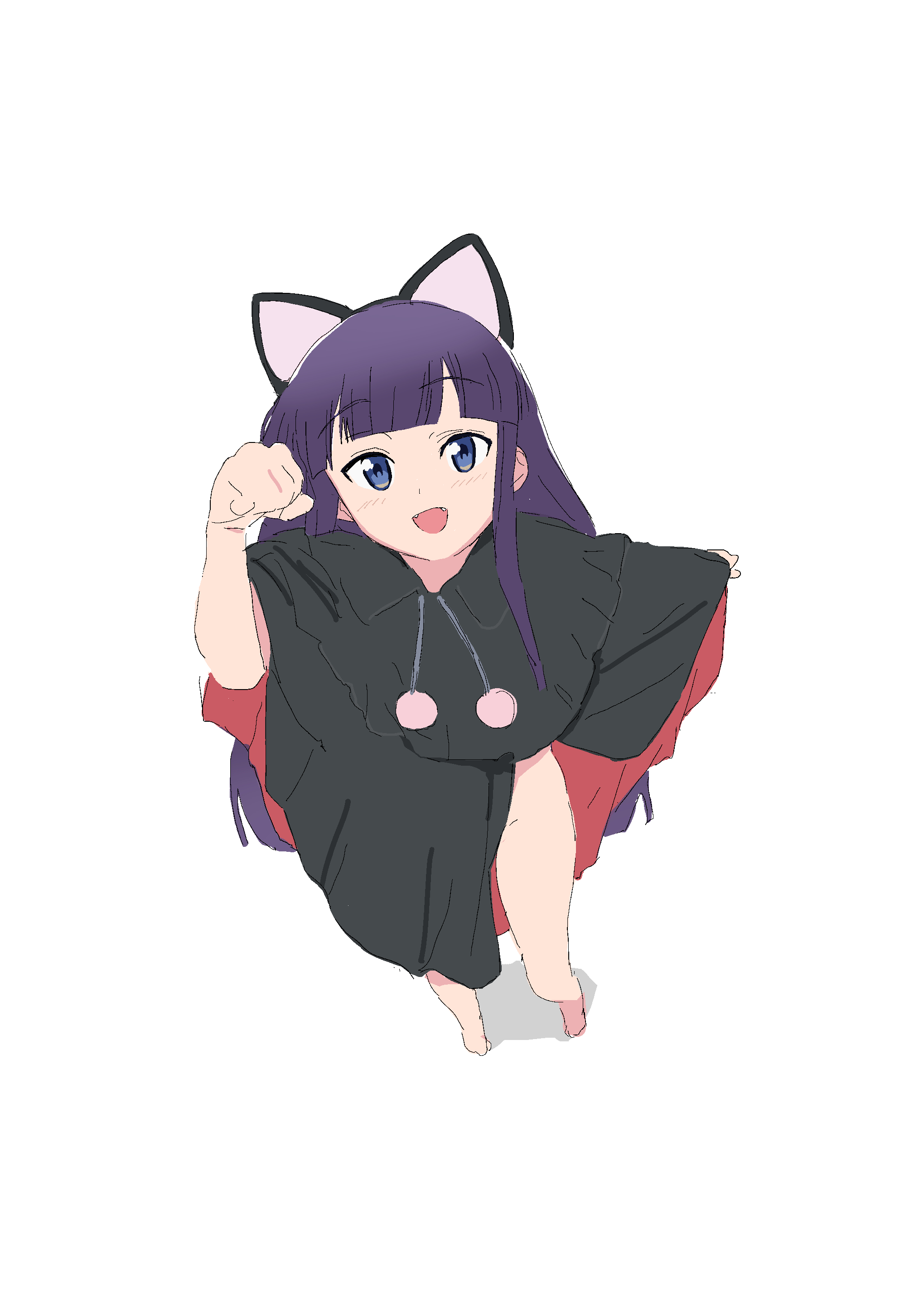 mmmkawaine, hazuki (tsukuyomi), tsukuyomi moonphase, absurdres, highres, 1girl, animal ears, black hair, cat ears, cloak, fake animal ears, long hair, naked cloak, paw pose, simple background, standing, white background