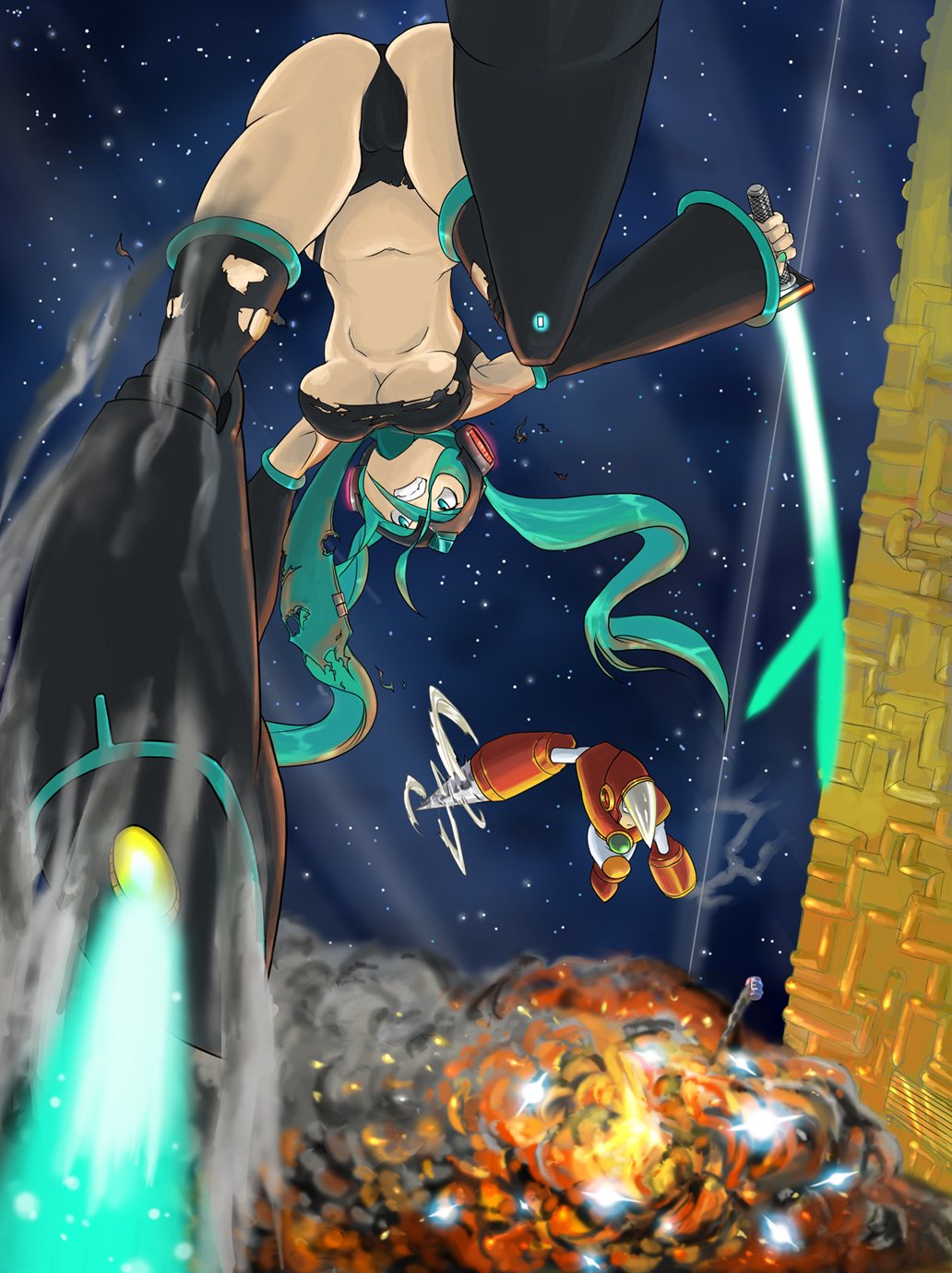 niimori hiroshi, crash man, hatsune miku, capcom, mega man (classic), mega man (series), mega man 2, vocaloid, highres, 1boy, 1girl, breasts, crossover, energy sword, explosion, large breasts, necktie, panties, star (symbol), sword, thong, torn clothes, underboob, underwear, weapon
