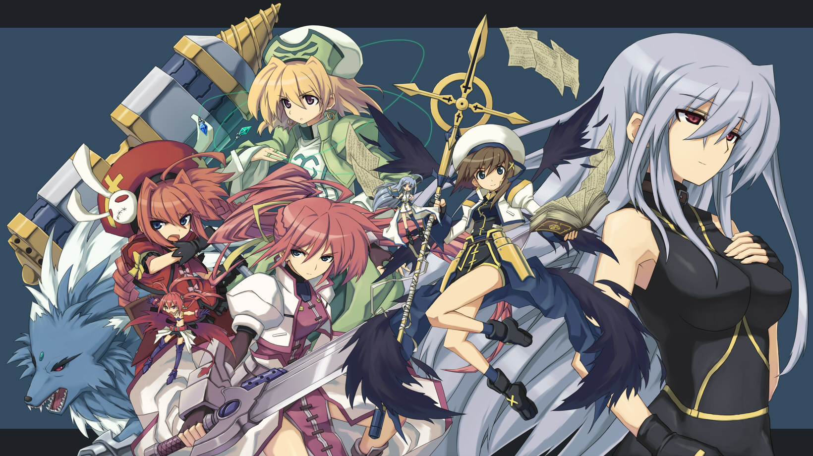 pera, agito, agito (nanoha), book of the azure sky, graf eisen, klarwind, laevatein (nanoha), reinforce, reinforce zwei, schwertkreuz, shamal, signum, tome of the night sky, vita (nanoha), yagami hayate, zafira, lyrical nanoha, mahou shoujo lyrical nanoha, mahou shoujo lyrical nanoha a's, mahou shoujo lyrical nanoha strikers, silver hair, highres, 00s, 6+girls, armor, black wings, blonde hair, blue eyes, blue hair, book, braid, brown hair, drill, earrings, fingerless gloves, gauntlets, gloves, hammer, hat, jewelry, magical girl, mini person, minigirl, multiple girls, pink hair, ponytail, red eyes, red hair, staff, sword, time paradox, twin braids, weapon, wings