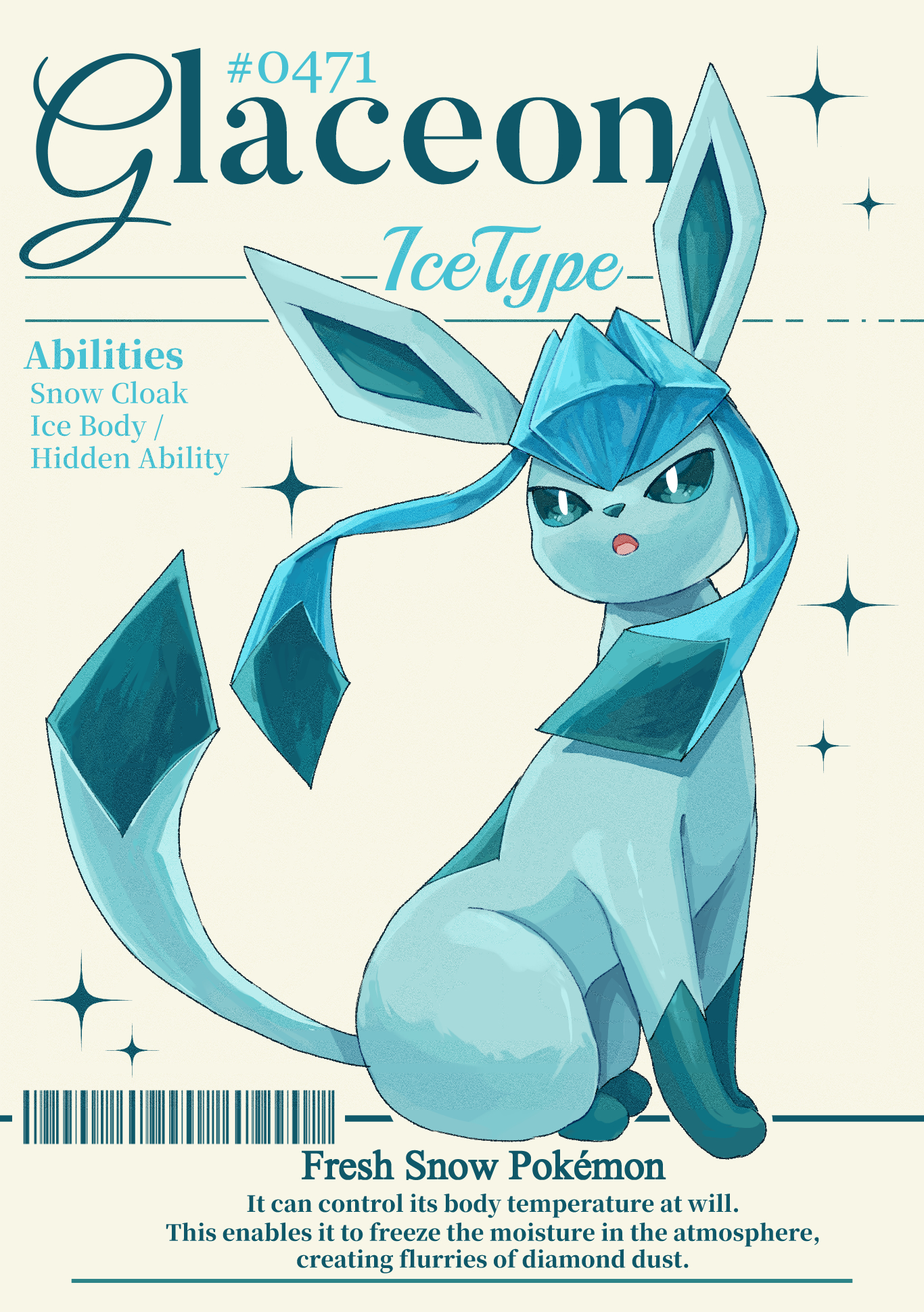 i my mo55, glaceon, nintendo, pokemon, highres, animal focus, blue eyes, blue fur, blue sclera, colored sclera, english text, full body, gen 4 pokemon, no humans, open mouth, pokemon (creature), pokemon focus, solo, star (symbol), tail