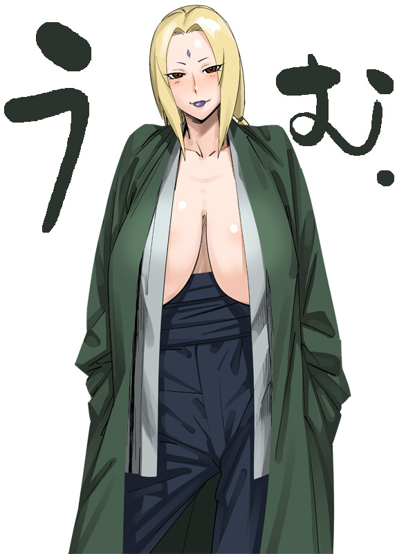 bobobo, tsunade (naruto), naruto (classic), naruto (series), translation request, 1girl, blonde hair, blush, breasts, brown eyes, cleavage, facial mark, female focus, forehead mark, hands in pockets, hanging breasts, huge breasts, lipstick, makeup, mature female, no bra, open clothes, open shirt, ponytail, sagging breasts, shirt, sidelocks, smile, solo