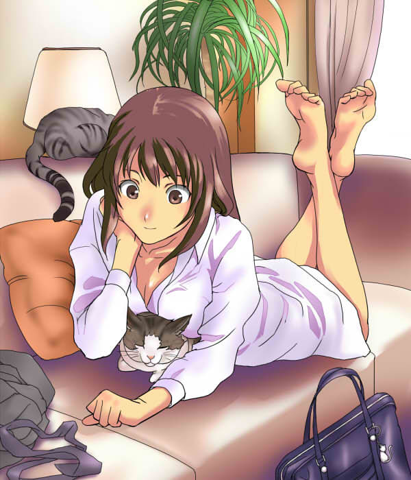 original, 1girl, animal, bag, barefoot, blush, breasts, brown eyes, brown hair, cat, cleavage, collarbone, couch, curtains, desk lamp, feet up, female focus, indoors, lamp, long sleeves, looking at viewer, lying, medium breasts, on stomach, plant, plantar flexion, potted plant, robe, school bag, shirt, short hair, smile, soles, solo, the pose, toes, white shirt