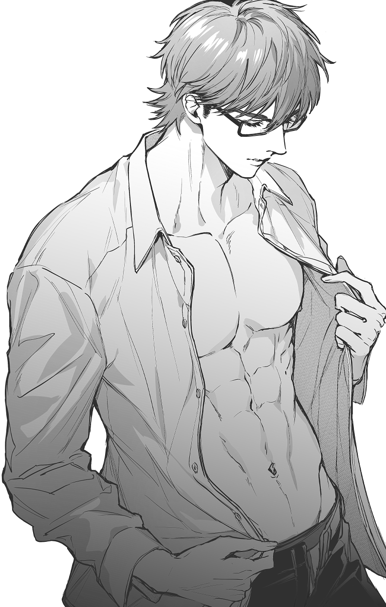 miyuki kazuya, ace of diamond, highres, 1boy, abs, buttons, closed eyes, closed mouth, collarbone, collared shirt, eyelashes, fuko tyo, glasses, greyscale, long sleeves, male focus, male underwear, male underwear peek, monochrome, navel, nipples, open clothes, open pants, open shirt, pants, pectorals, semi-rimless eyewear, shirt, short hair, simple background, solo, underwear, white background