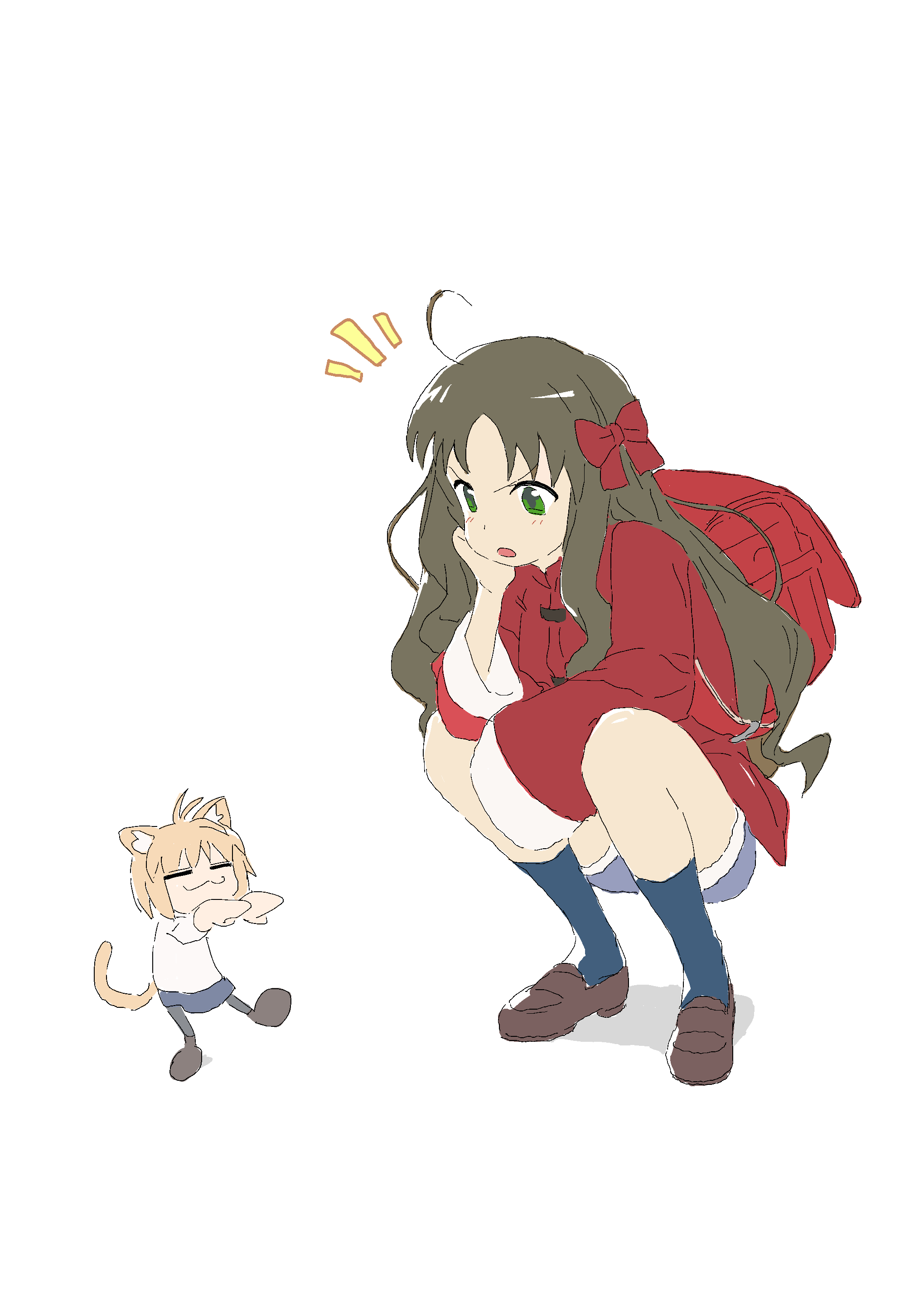 mmmkawaine, arima miyako, neco-arc, melty blood, tsukihime, absurdres, highres, 2girls, ahoge, animal ears, backpack, bag, cat ears, coat, hand on own face, long hair, multiple girls, randoseru, red coat, red ribbon, ribbon, simple background, socks, white background