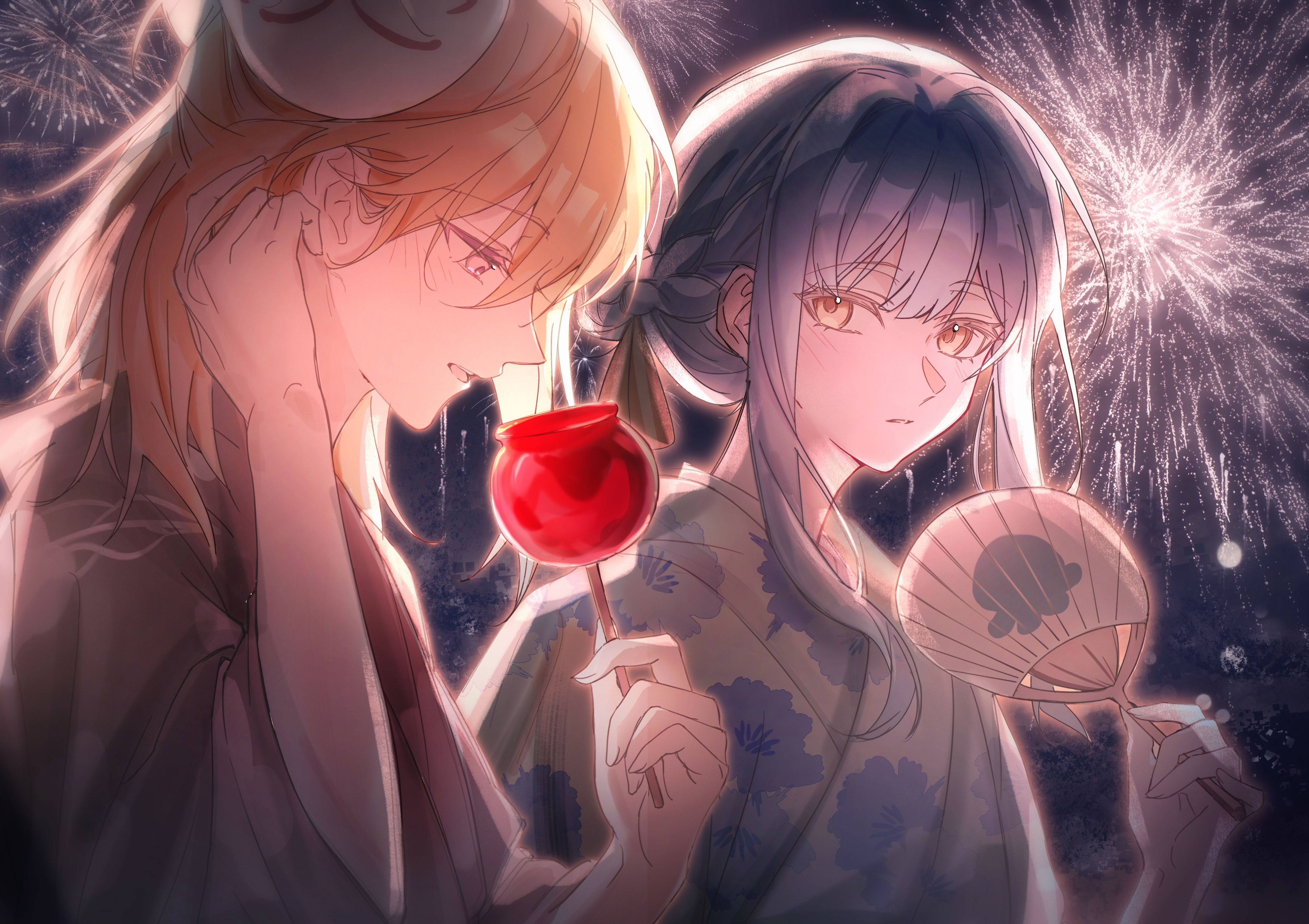 haiyuan182, misumi uika, togawa sakiko, bang dream!, bang dream! it's mygo!!!!!, absurdres, chinese commentary, commentary request, highres, 2girls, aerial fireworks, blonde hair, blue kimono, braid, brown kimono, candy apple, fireworks, floral print, food, hair between eyes, hand fan, holding, holding fan, japanese clothes, kimono, medium hair, multiple girls, open mouth, parted lips, purple eyes, sidelocks, teeth, tucking hair, upper teeth only, yellow eyes, yukata
