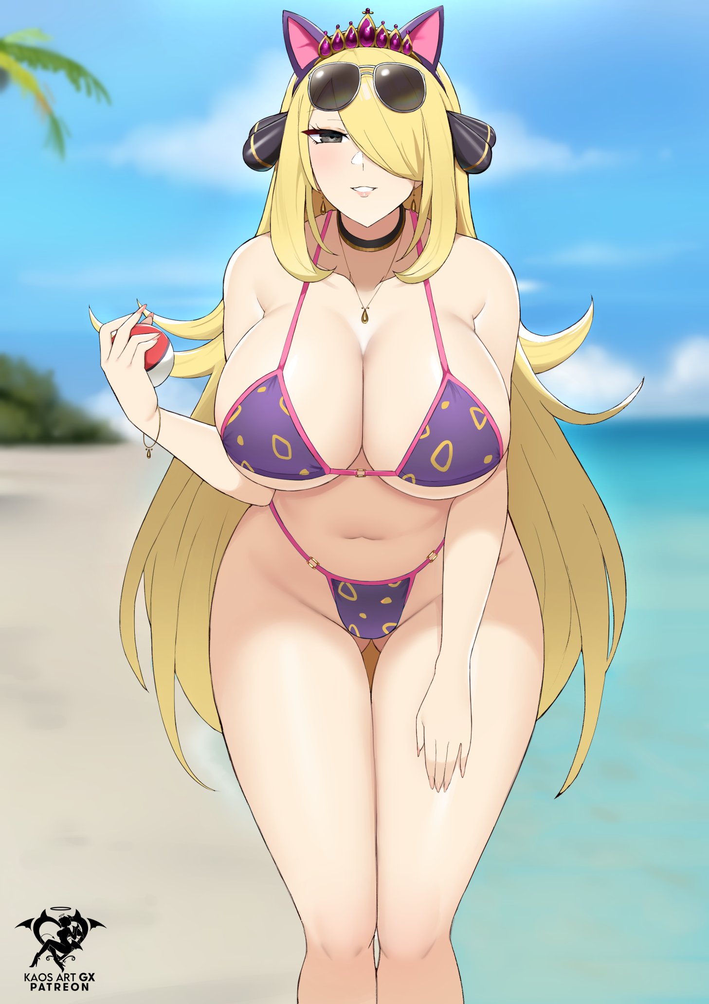 kaos art, cynthia (pokemon), nintendo, pokemon, pokemon dppt, highres, 1girl, alternate breast size (larger), animal ear hairband, animal ears, artist logo, artist name, beach, bikini, black choker, blonde hair, blurry, blurry background, bracelet, breasts, cat ear hairband, cat ears, choker, collarbone, eyewear on head, fake animal ears, gluteal fold, hair ornament, hair over one eye, hairband, hand on own thigh, holding, holding poke ball, huge breasts, jewelry, logo, long hair, looking at viewer, navel, necklace, outdoors, patreon username, poke ball, poke ball (basic), solo, sunglasses, swimsuit, tiara, very long hair