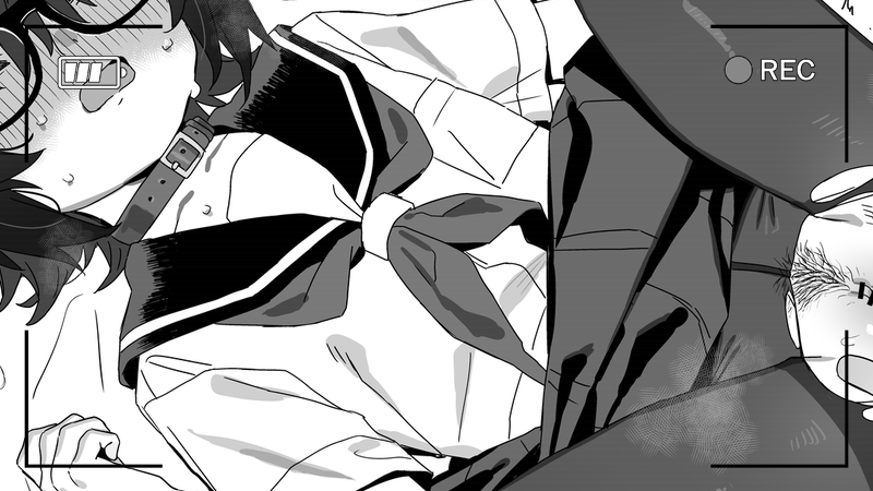 barbarian tk, original, commentary request, 1boy, 1girl, battery indicator, belt collar, blush, clothes lift, collar, crotch seam, female pubic hair, glasses, greyscale, hetero, miniskirt, monochrome, nose blush, open mouth, pantyhose, pubic hair, recording, sailor collar, sailor shirt, school uniform, serafuku, shirt, short hair, short sleeves, skirt, skirt lift, solo focus, spread legs, torn clothes, torn pantyhose, viewfinder