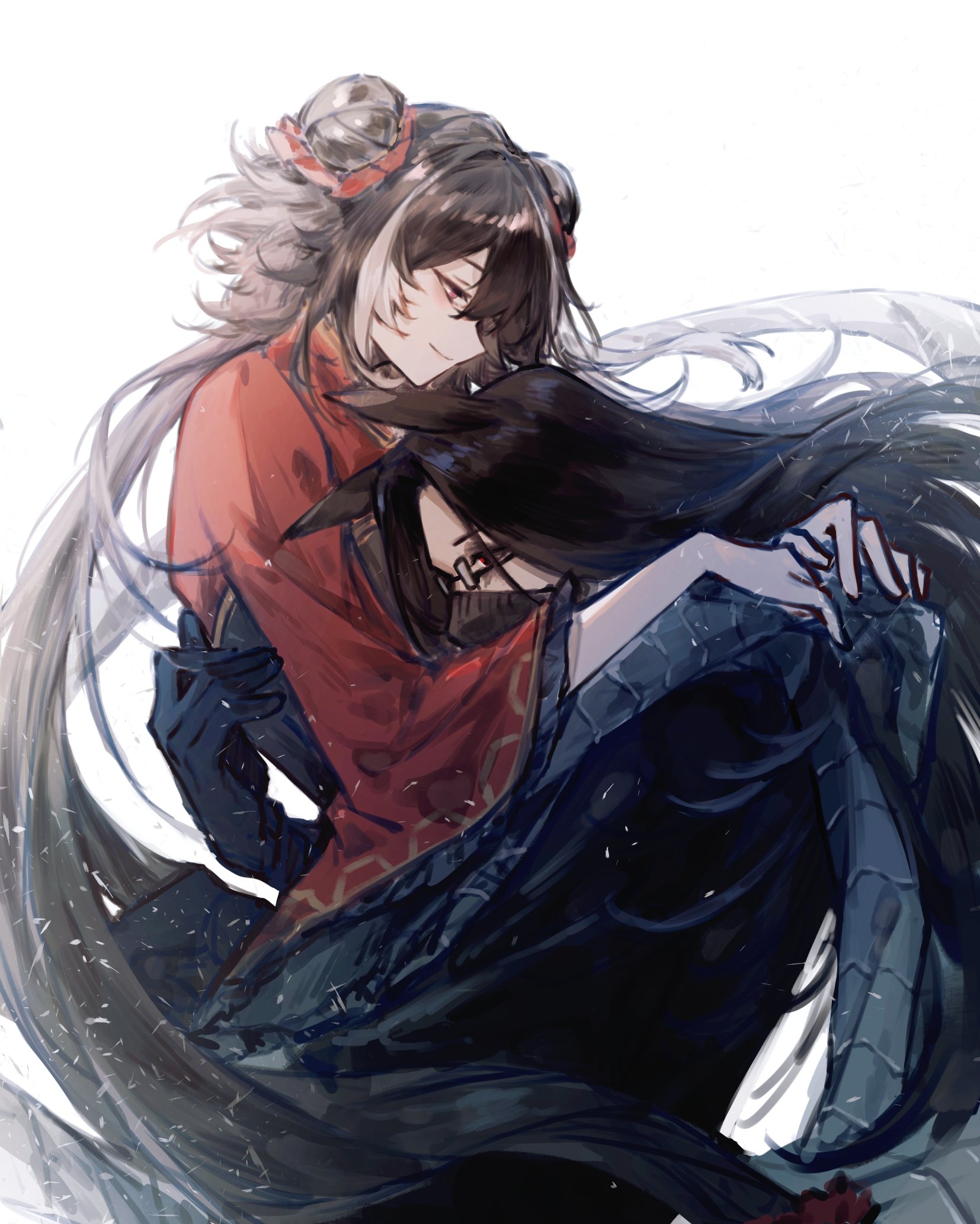kinala6490098, jia xichun (project moon), limbus company, project moon, highres, 1boy, 1girl, animal ears, black gloves, black hair, black mask, black scarf, chinese clothes, covered mouth, double bun, glasses, gloves, hair bun, horse boy, horse ears, hug, long hair, looking at another, mask, mouth mask, scarf, simple background, smile, twintails, very long hair, wei (project moon), white background