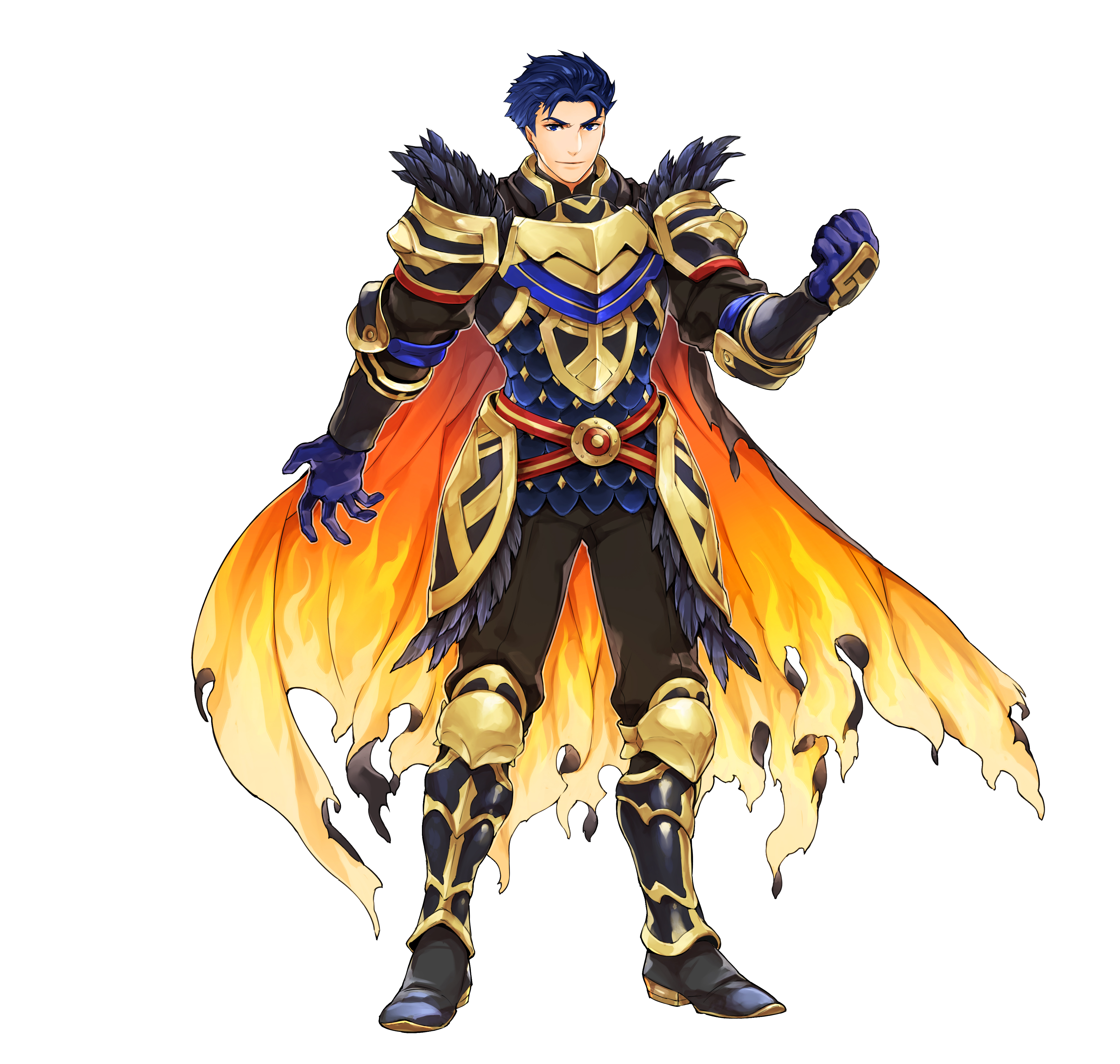 itou misei, hector (fire emblem), hector (resplendent) (fire emblem), fire emblem, fire emblem: the blazing blade, fire emblem heroes, nintendo, absurdres, commentary, english commentary, highres, official art, second-party source, 1boy, armor, blue eyes, blue hair, cape, clenched hand, full body, gradient cape, looking at viewer, male focus, scale armor, short hair, simple background, solo, white background