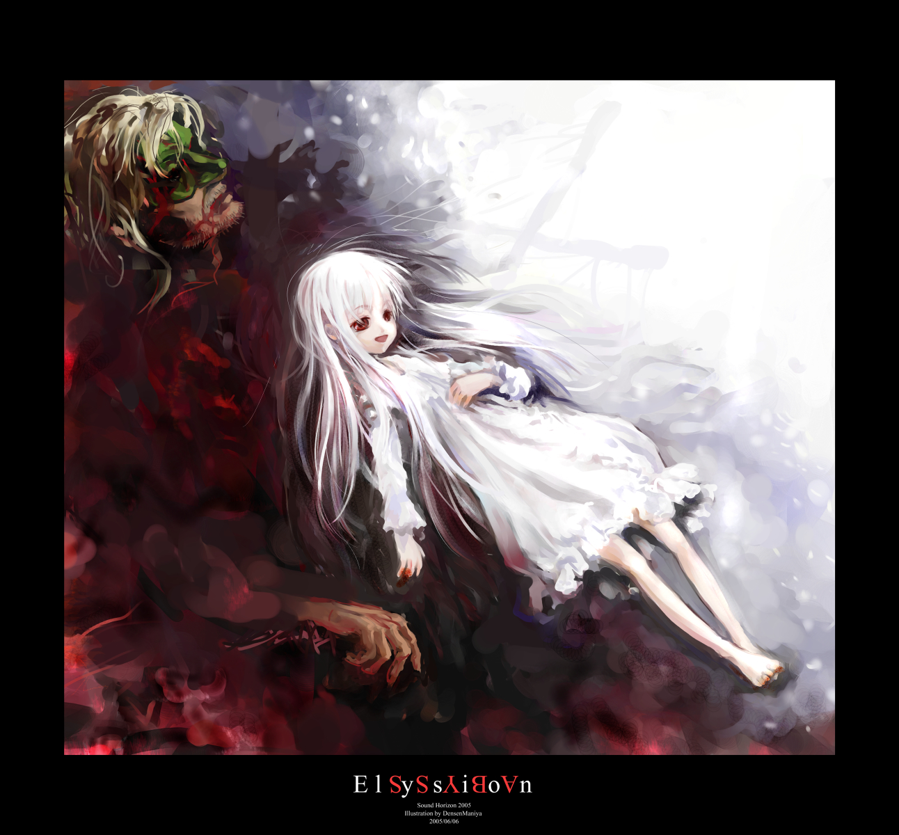 densen maniya, abyss (sound horizon), el (sound horizon), elysion, sound horizon, highres, 1boy, 1girl, albino, barefoot, blood, long hair, mask, red eyes, white hair