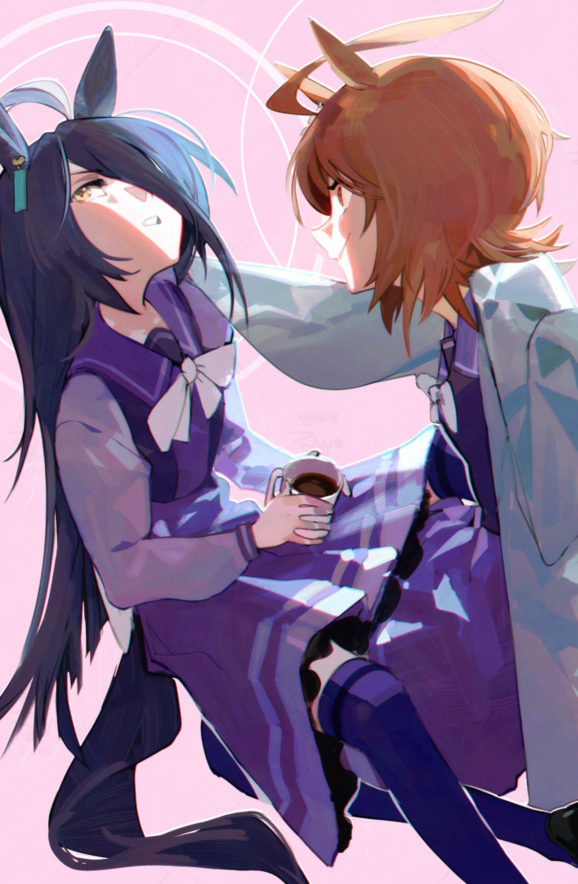 raneblu, agnes tachyon (umamusume), manhattan cafe (umamusume), umamusume, highres, 2girls, ahoge, animal ears, annoyed, artist name, black hair, bow, bowtie, brown hair, coffee, cup, earrings, hair over one eye, hand on another's shoulder, holding, holding cup, horse ears, horse girl, horse tail, jewelry, lab coat, long hair, long sleeves, multiple girls, pink background, purple shirt, purple skirt, purple thighhighs, red eyes, sailor collar, school uniform, shirt, shoes, short hair, single earring, sitting, sitting on lap, sitting on person, skirt, smile, tail, thighhighs, tracen school uniform, watermark, yellow eyes