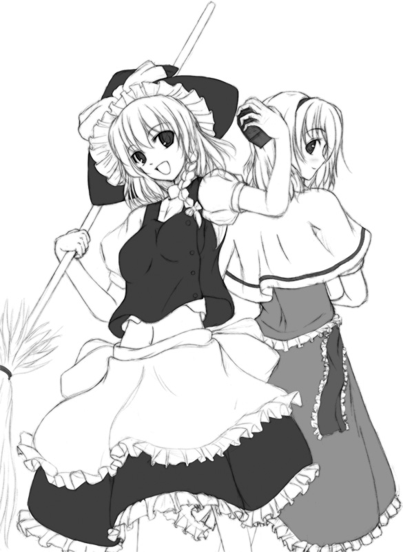 asagi jun, alice margatroid, kirisame marisa, touhou, 2girls, :d, apron, back-to-back, broom, capelet, dress, female focus, greyscale, hat, holding, long hair, looking at viewer, monochrome, multiple girls, open mouth, puffy short sleeves, puffy sleeves, short hair, short sleeves, simple background, smile, waist apron, white background, witch hat