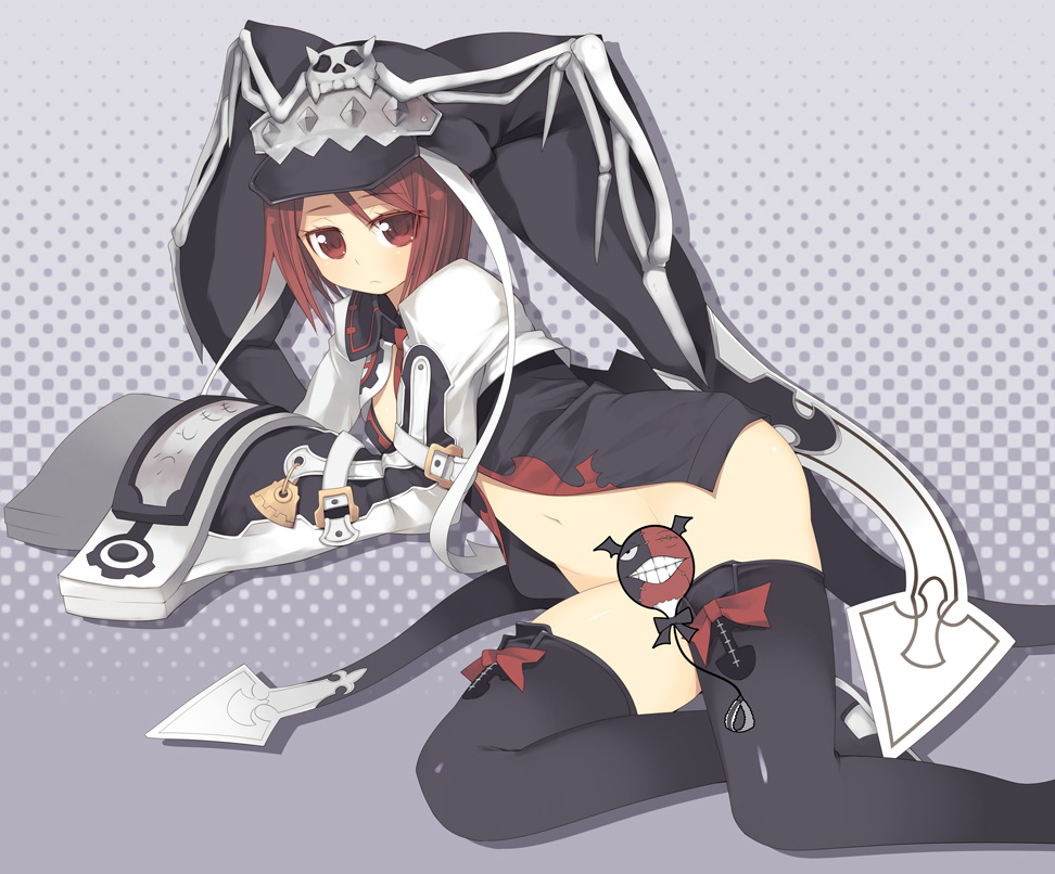 kashiwamochi yomogi, valentine (guilty gear), arc system works, guilty gear, guilty gear 2, 1girl, black hat, black thighhighs, blush, bottomless, bow, censored, closed mouth, colored eyelashes, expressionless, female focus, halftone, halftone background, hat, long sleeves, looking at viewer, lying, navel, necktie, no panties, novelty censor, on side, open clothes, red bow, red eyes, red hair, red necktie, short hair, skull, solo, stomach, thighhighs, tsurime, wide sleeves, witch