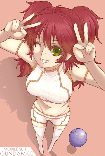 kannagi kaname, bad haro, haro, nena trinity, gundam, gundam 00, freckles, midriff, red hair, shorts, thighhighs, v, wink, yellow eyes, zettai ryouiki