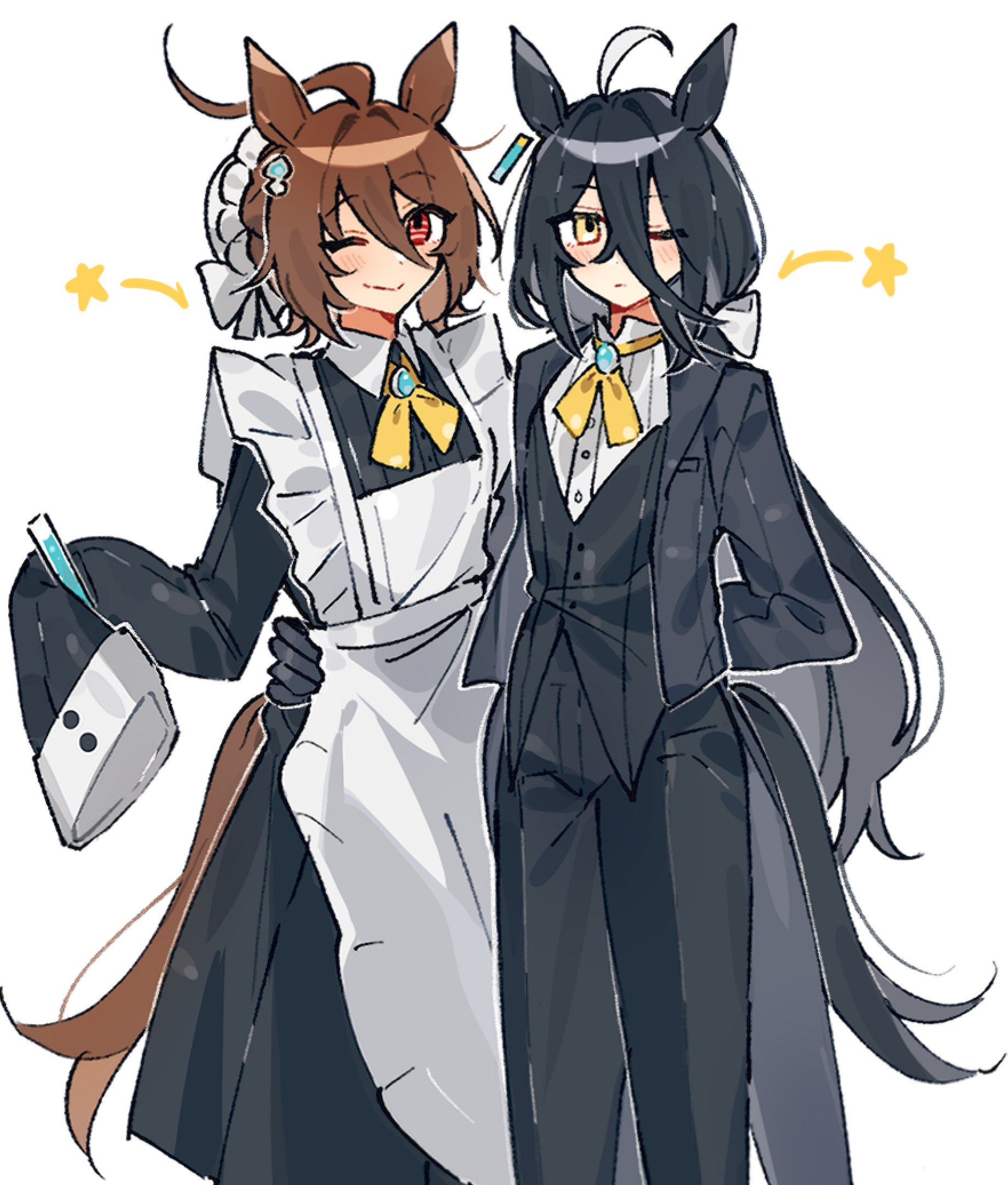 emne, agnes tachyon (umamusume), manhattan cafe (umamusume), umamusume, commentary, english commentary, highres, 2girls, ahoge, alternate costume, alternate hairstyle, animal ears, apron, arm around waist, arm behind back, black gloves, black hair, black jacket, black pants, black vest, blue gemstone, blush, bow, brown hair, bun cover, butler, chemical structure, closed mouth, cross tie, crossdressing, crossdressing (ftm), ear tag, earrings, enmaided, female butler, gem, gloves, hair between eyes, hair bow, hair intakes, holding, holding vial, horse ears, horse girl, horse tail, jacket, jewelry, light frown, long hair, long hair between eyes, maid, maid apron, multiple girls, one eye closed, pants, parted bangs, red eyes, shirt, short hair, sidelocks, simple background, single earring, sleeves past fingers, sleeves past wrists, smile, standing, tail, tailcoat, very long hair, vest, vial, white background, white bow, white shirt, wink star, yellow eyes