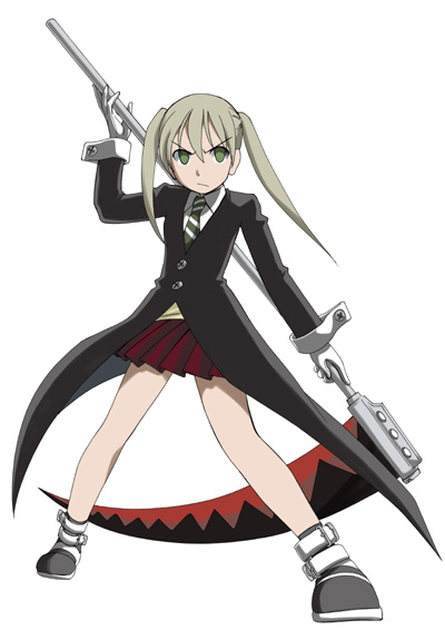 wan'yan aguda, maka albarn, soul eater, 00s, female focus, green eyes, school uniform, scythe, serafuku, solo, twintails