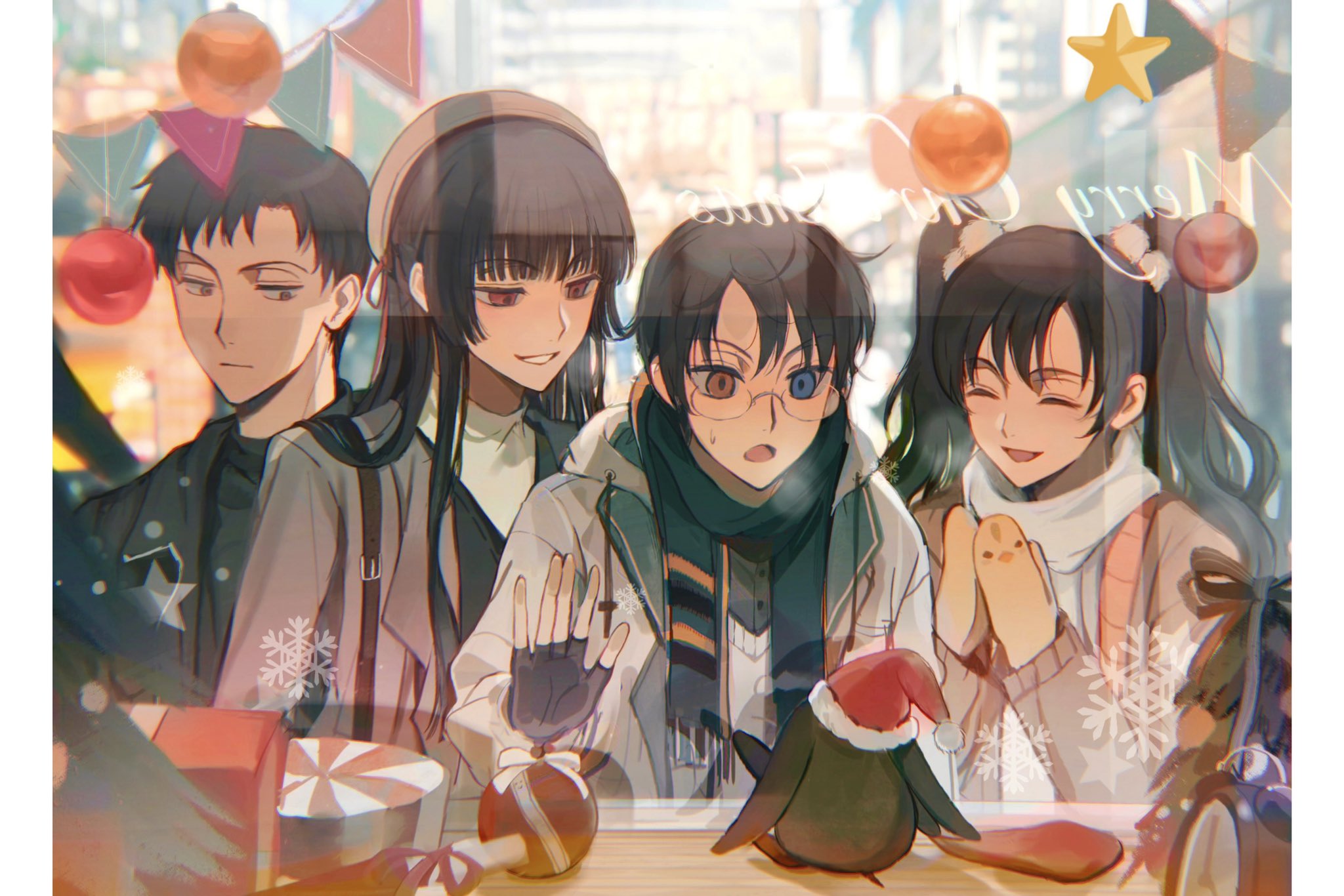 shusuzu, doumeki shizuka, ichihara yuuko, kunogi himawari, watanuki kimihiro, xxxholic, commentary, highres, 2boys, 2girls, ^ ^, black gloves, black hair, closed eyes, coat, fingerless gloves, glasses, gloves, hat, heterochromia, long hair, multiple boys, multiple girls, scarf, short hair, sidelocks, sweatdrop, twintails