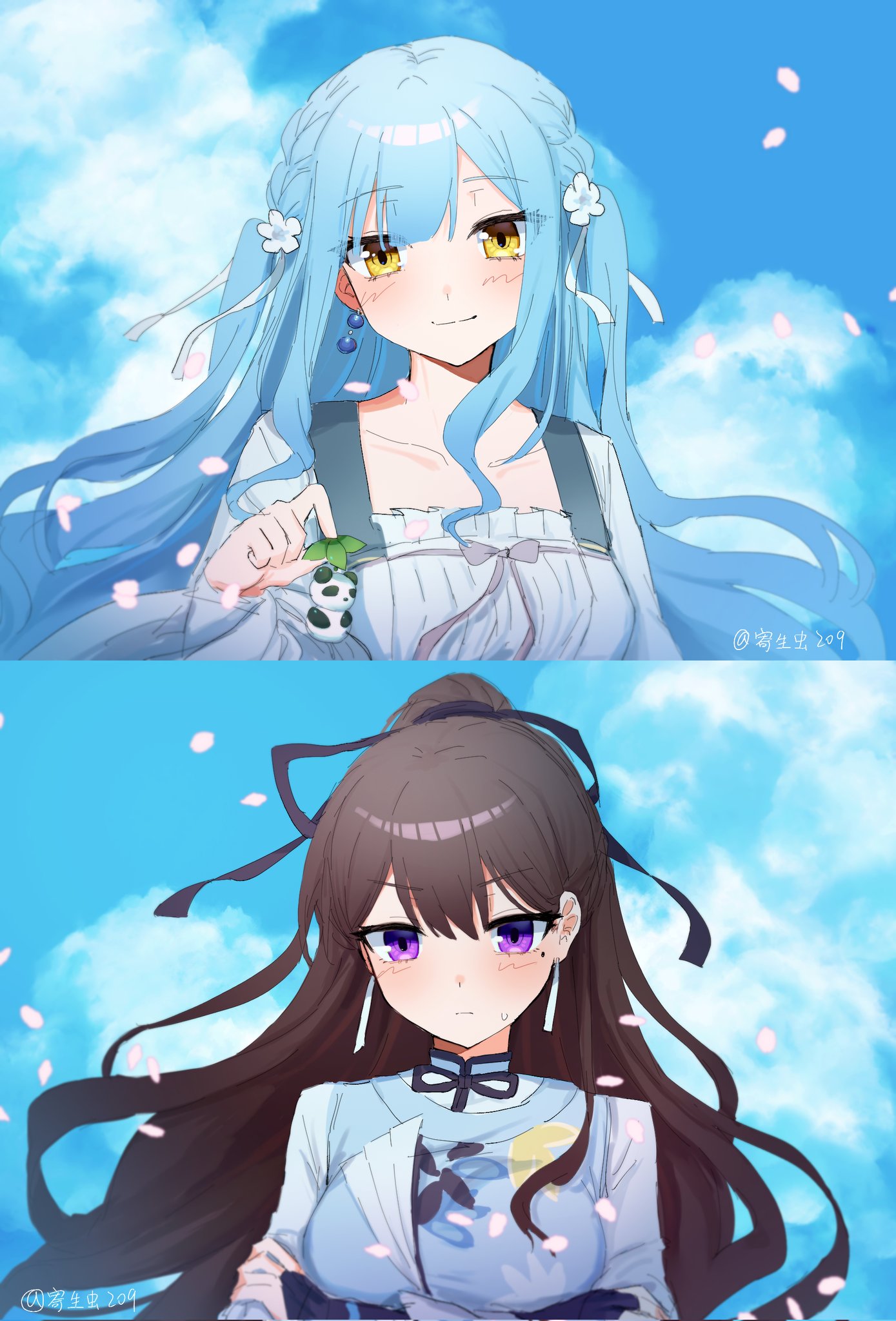 shiina taki, togawa sakiko, bang dream!, bang dream! it's mygo!!!!!, commentary, hashtag-only commentary, highres, 2girls, birthday1730225, blue hair, blush, brown hair, closed mouth, cloud, half updo, long hair, multiple girls, purple eyes, sidelocks, sky, sweatdrop, yellow eyes