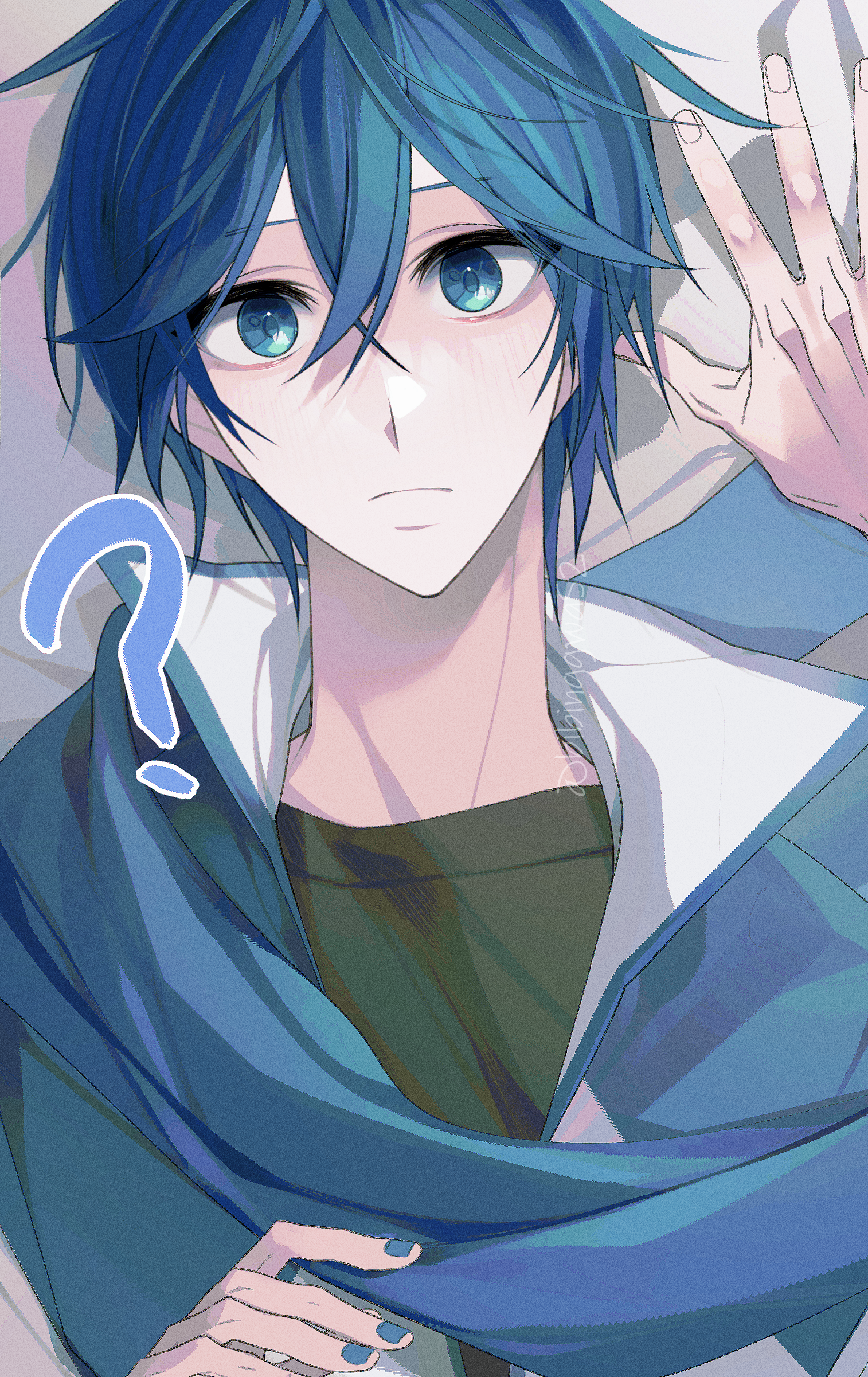 bibinggwas2, kaito (vocaloid), vocaloid, absurdres, highres, 1boy, ?, black shirt, blue eyes, blue hair, blue nails, blue scarf, closed mouth, hair between eyes, light blush, looking at viewer, male focus, pov, pov hands, scarf, shirt, short hair, solo, yukadon
