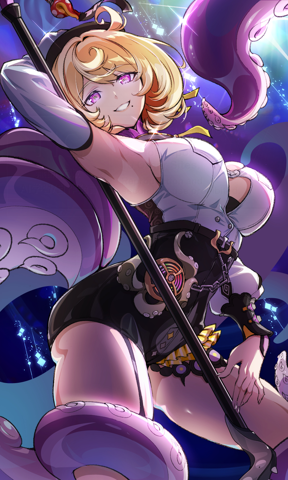 tuyumori kaoru (alilybell1241), yidhari (zenless zone zero), zenless zone zero, highres, 1girl, accessories, armpits, ass, blonde hair, breasts, charm (object), detached sleeves, galaxy background, glowing, glowing eyes, hammer, hat, holding, holding weapon, leaning on object, leaning on weapon, leg wrap, mole, mole under mouth, octopus, purple eyes, short hair, smile, tentacles, thighs, weapon, weapon charm