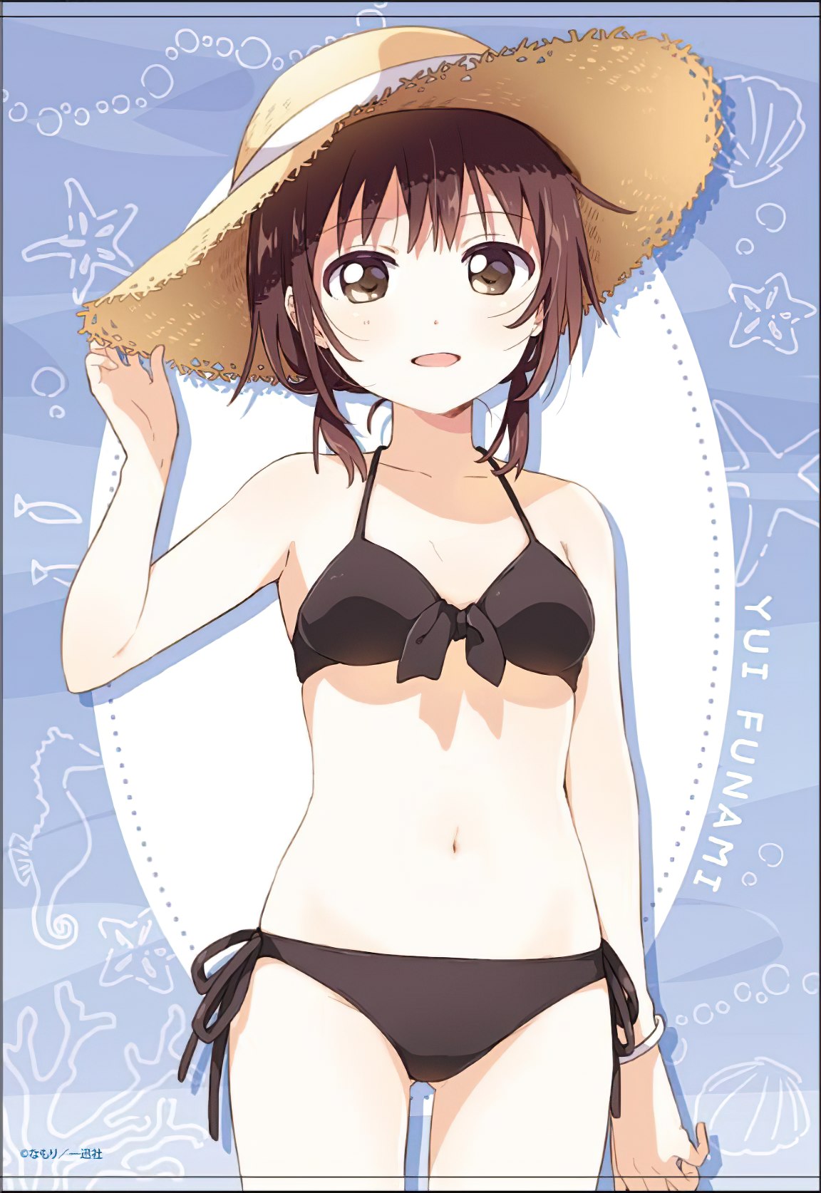 funami yui, yuruyuri, highres, merchandise available, official art, scan, 1girl, bikini, black bikini, breasts, brown eyes, brown hair, gluteal fold, hat, navel, open mouth, side-tie bikini bottom, small breasts, solo, stomach, straw hat, sun hat, swimsuit