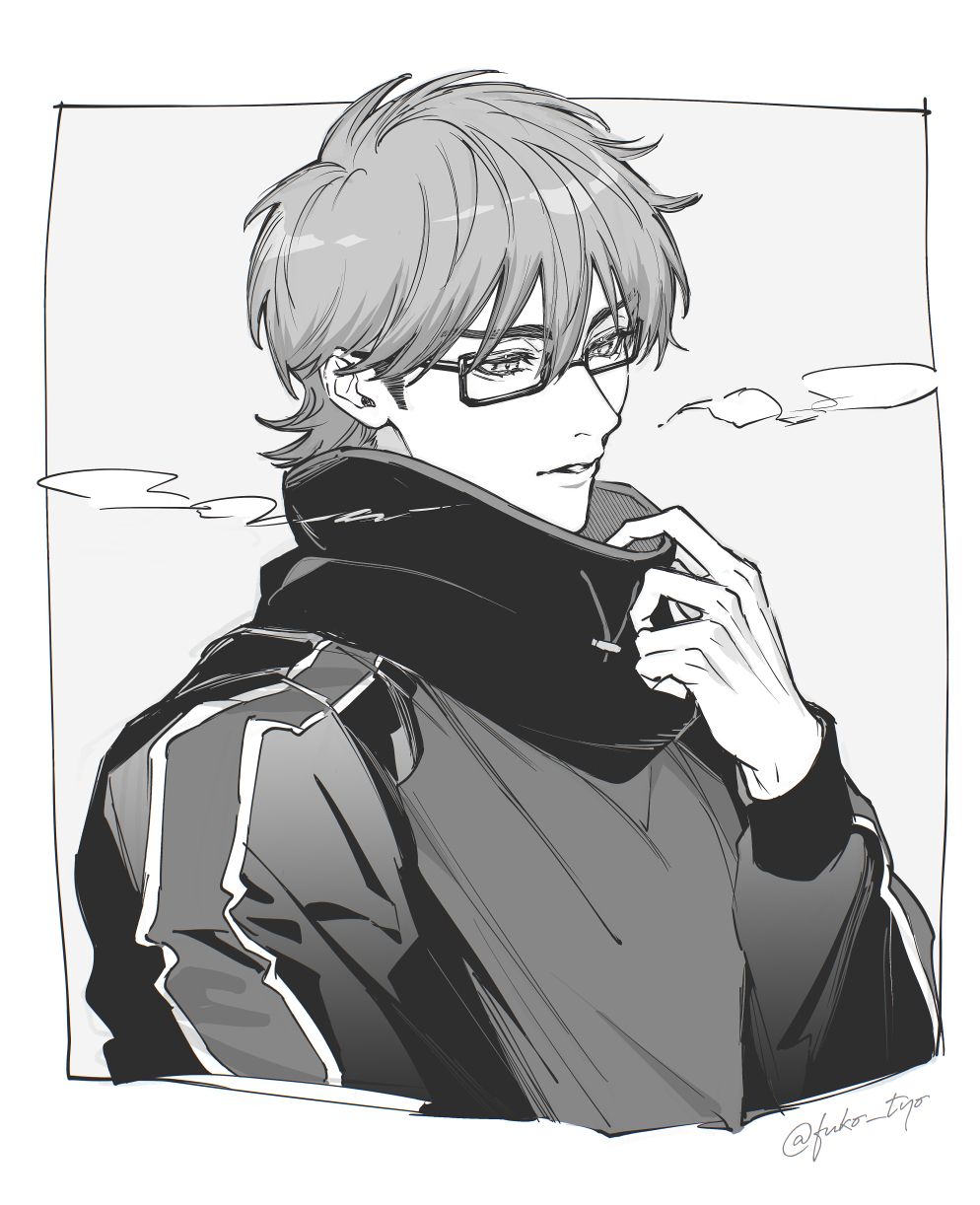 miyuki kazuya, ace of diamond, commentary request, highres, 1boy, border, fuko tyo, glasses, greyscale, high collar, jacket, male focus, monochrome, seidou high school jacket, semi-rimless eyewear, short hair, sideburns, solo, teeth, twitter username, upper body