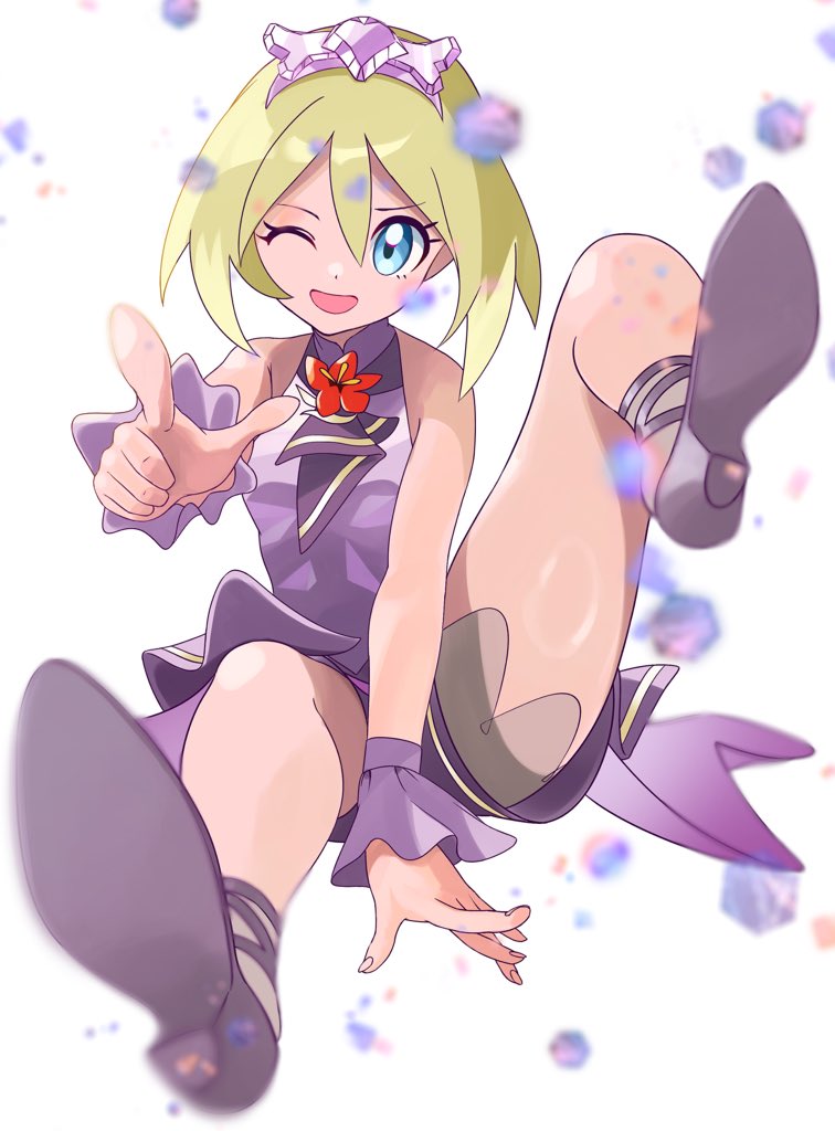 mikan (mikan no happa), irida (anniversary 2025) (pokemon), irida (pokemon), nintendo, pokemon, pokemon masters ex, 1girl, blonde hair, breasts, dress, flower, hair between eyes, headband, looking at viewer, neckerchief, official alternate costume, one eye closed, open mouth, purple dress, purple headband, purple neckerchief, purple shorts, purple wrist cuffs, short hair, shorts, shorts under dress, simple background, sleeveless, sleeveless dress, smile, thighs, white background, wrist cuffs