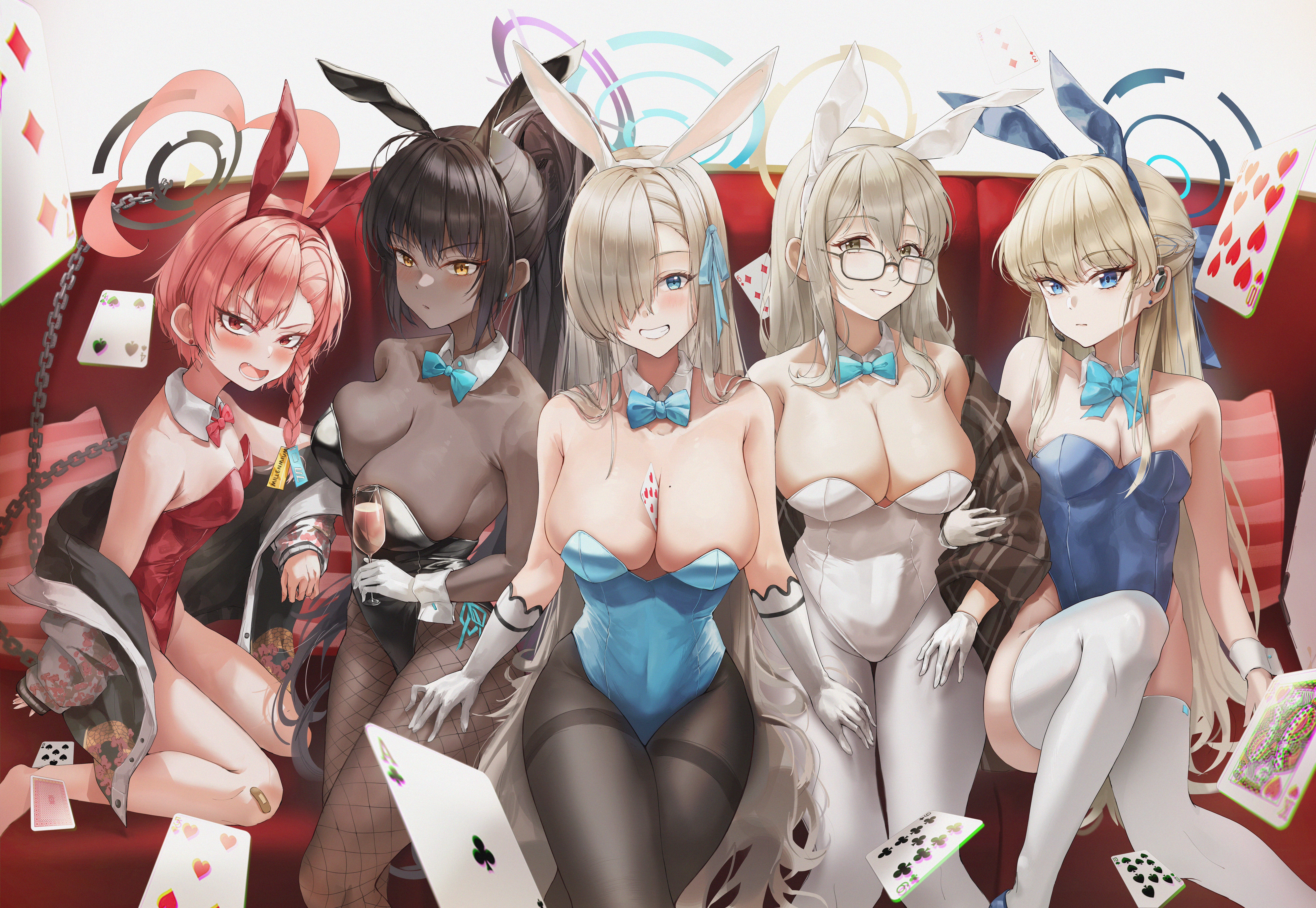 user purg4332, akane (blue archive), akane (bunny) (blue archive), asuna (blue archive), asuna (bunny) (blue archive), karin (blue archive), karin (bunny) (blue archive), neru (blue archive), neru (bunny) (blue archive), toki (blue archive), toki (bunny) (blue archive), blue archive, absurdres, chinese commentary, commentary request, highres, 5girls, ahoge, animal ear hairband, animal ears, arm hug, bandaid, bandaid on knee, bandaid on leg, between breasts, black-framed eyewear, black hair, black halo, black leotard, black pantyhose, blonde hair, blue bow, blue bowtie, blue eyes, blue halo, blue leotard, blue ribbon, blush, bow, bowtie, breasts, brown eyes, brown halo, card, card between breasts, cleavage, collar, couch, covered navel, dark-skinned female, dark skin, detached collar, elbow gloves, fake animal ears, fang, fishnet pantyhose, fishnets, gloves, grin, hair between eyes, hair over one eye, hair ribbon, hairband, halo, hands on another's thighs, highleg, highleg leotard, huge ahoge, jacket, large breasts, leotard, long hair, looking at viewer, medium breasts, mole, mole on breast, multiple girls, official alternate costume, on couch, open clothes, open jacket, open mouth, pantyhose, pink hair, playboy bunny, playing card, purple halo, rabbit ear hairband, rabbit ears, red bow, red bowtie, red eyes, red leotard, ribbon, simple background, sitting, small breasts, smile, strapless, strapless leotard, sukajan, teeth, thighband pantyhose, thighhighs, very long hair, white background, white collar, white gloves, white leotard, white pantyhose, white thighhighs, white wrist cuffs, wrist cuffs, yellow eyes
